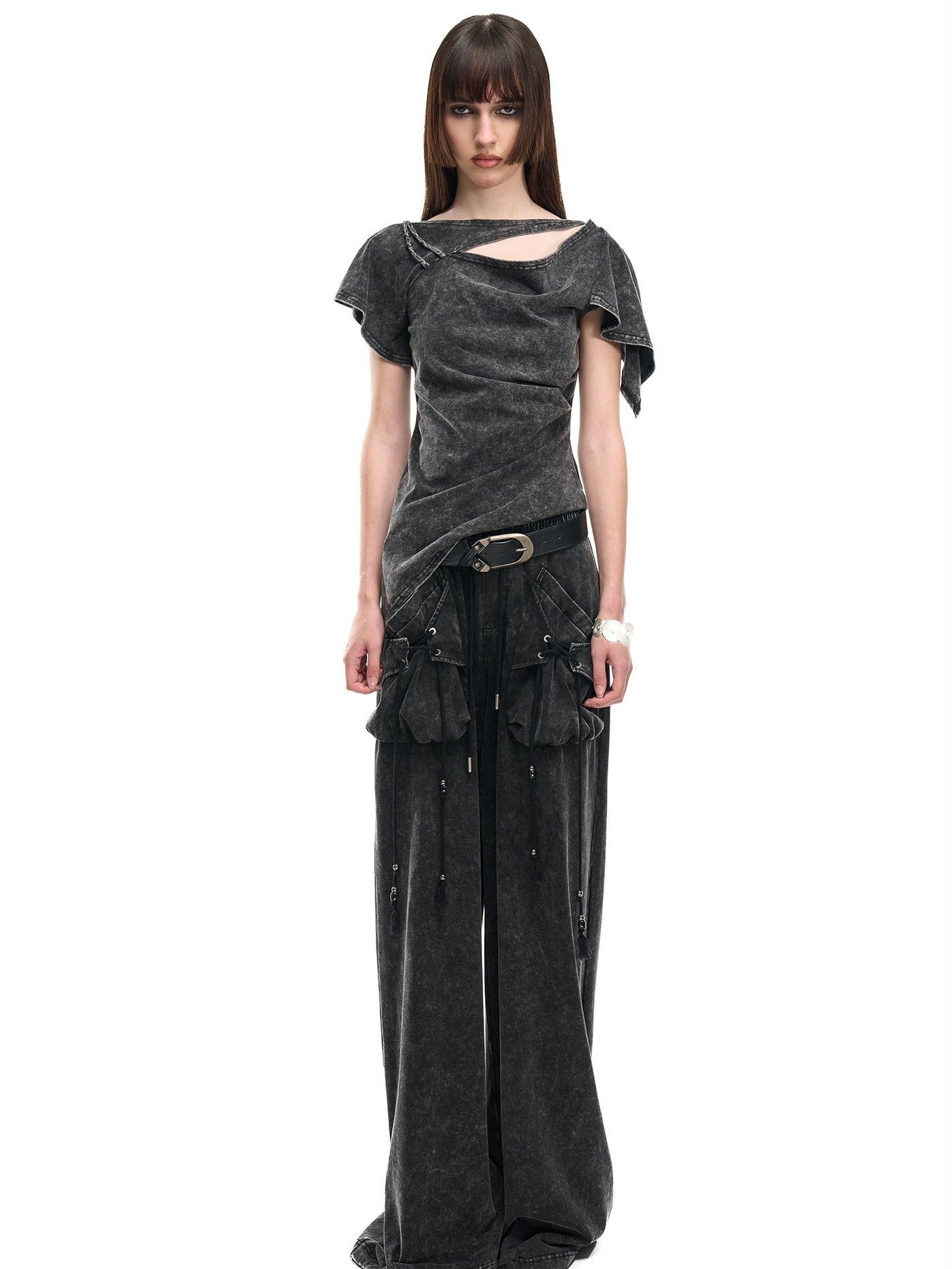 NORTH NODE Asymmetric Ruffle Sleeve Round Neck Slim Fit Women&