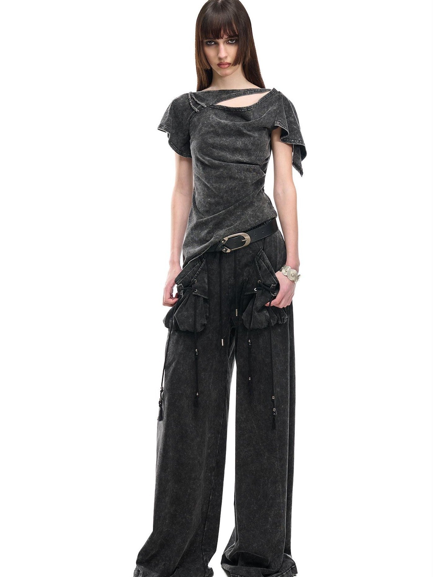 NORTH NODE Asymmetric Ruffle Sleeve Round Neck Slim Fit Women&