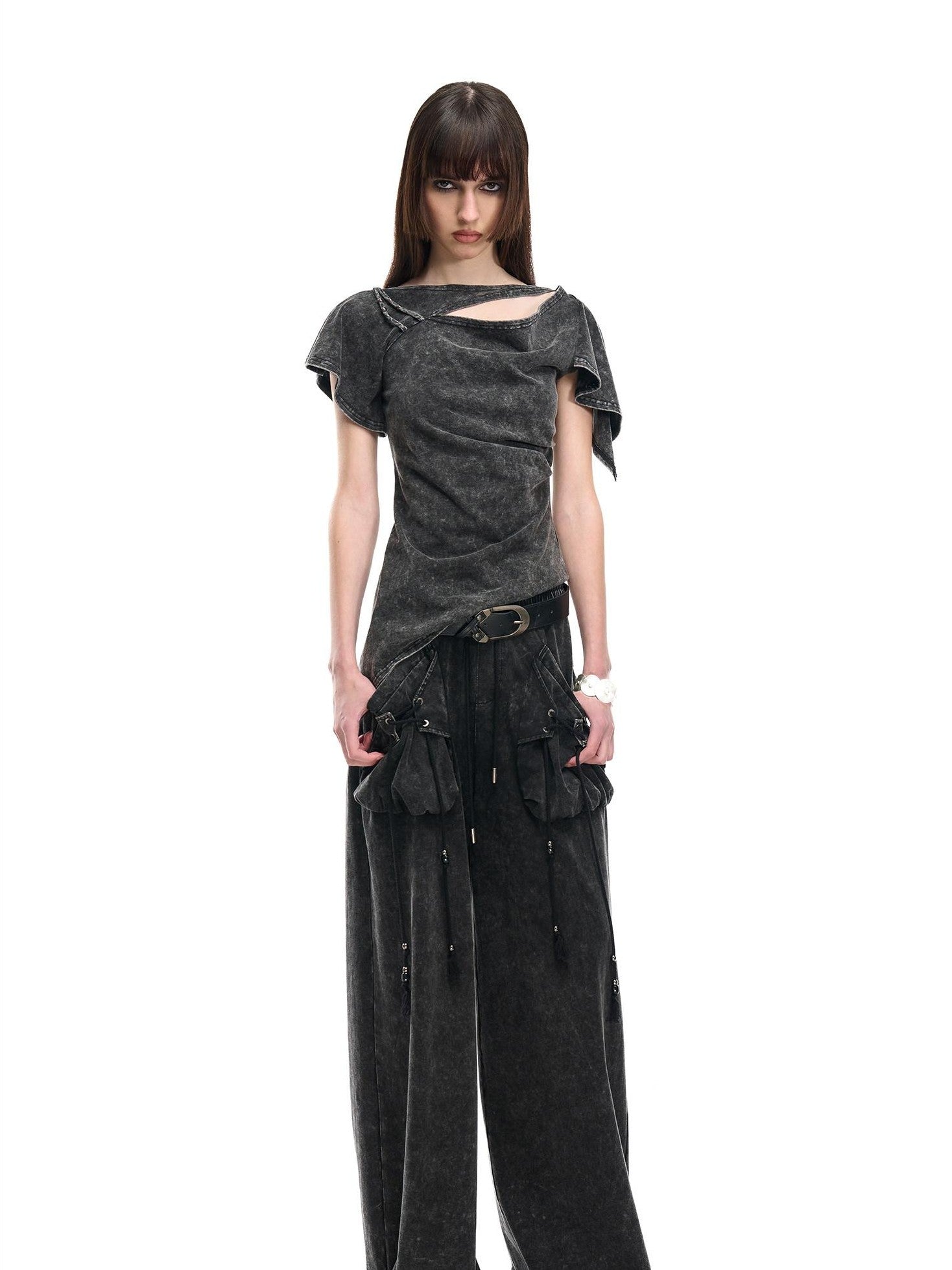 NORTH NODE Asymmetric Ruffle Sleeve Round Neck Slim Fit Women&