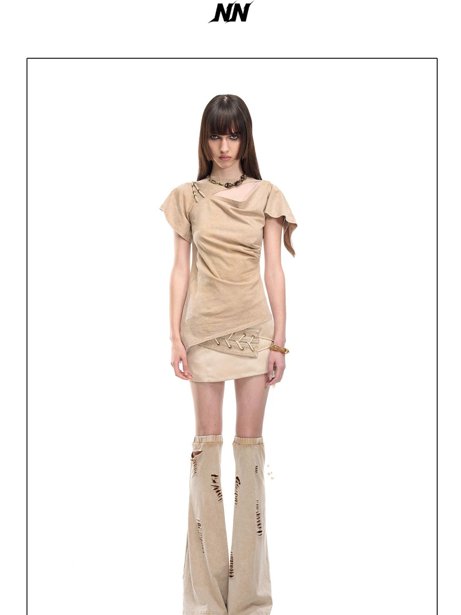 NORTH NODE Asymmetric Ruffle Sleeve Round Neck Slim Fit Women&