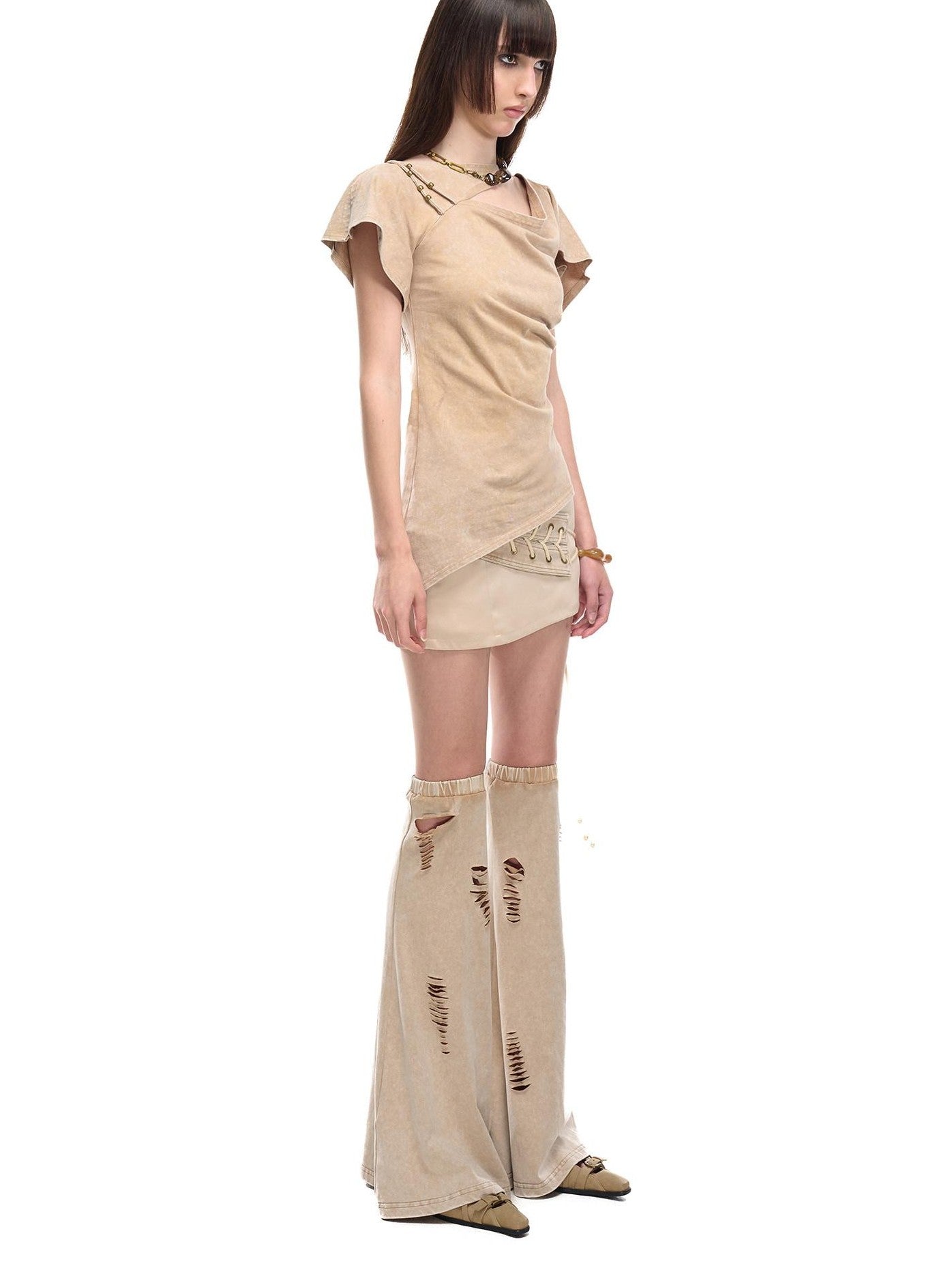 NORTH NODE Asymmetric Ruffle Sleeve Round Neck Slim Fit Women&