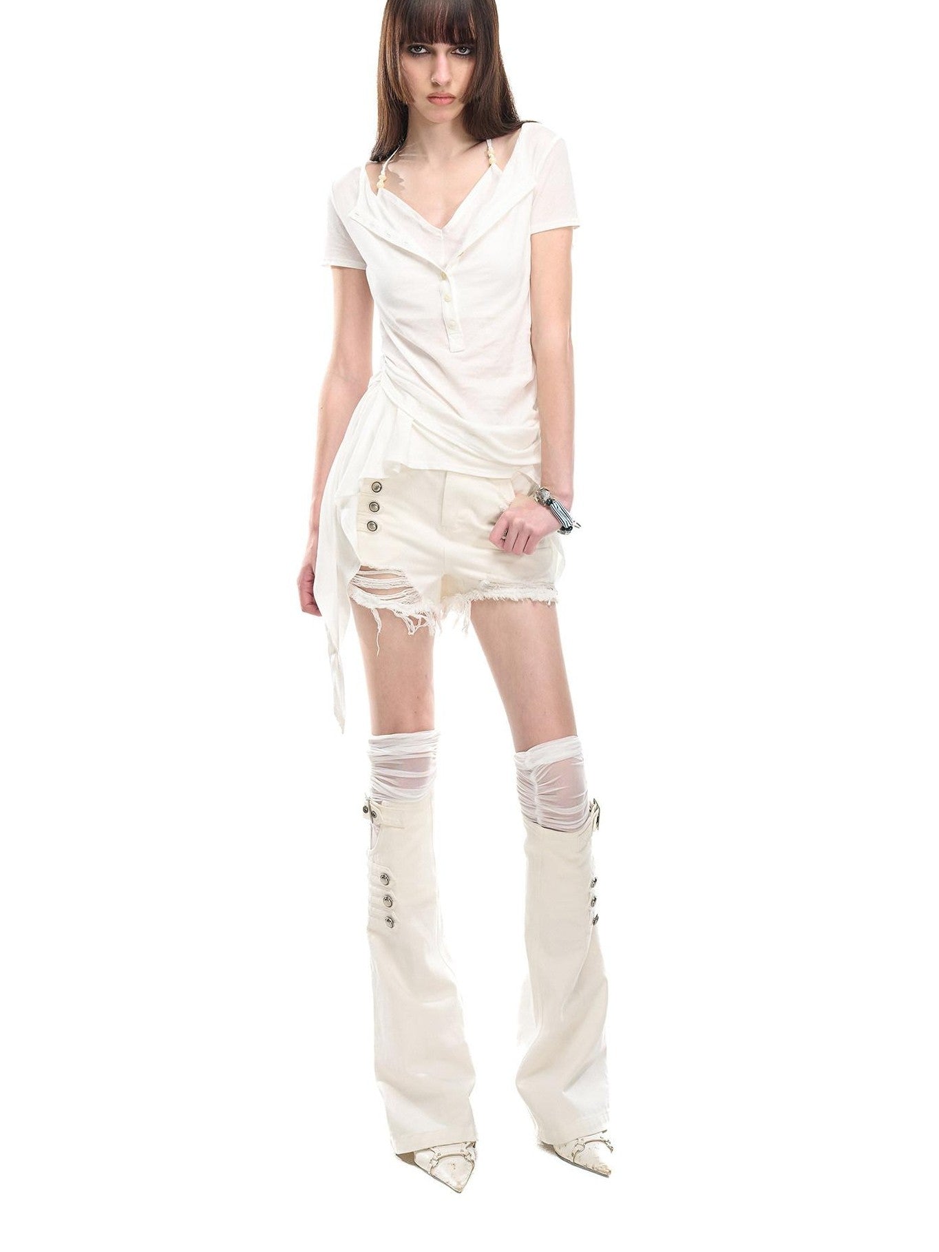 NORTH NODE Asymmetrical Ruffle Knitted Beaded Halter Women&