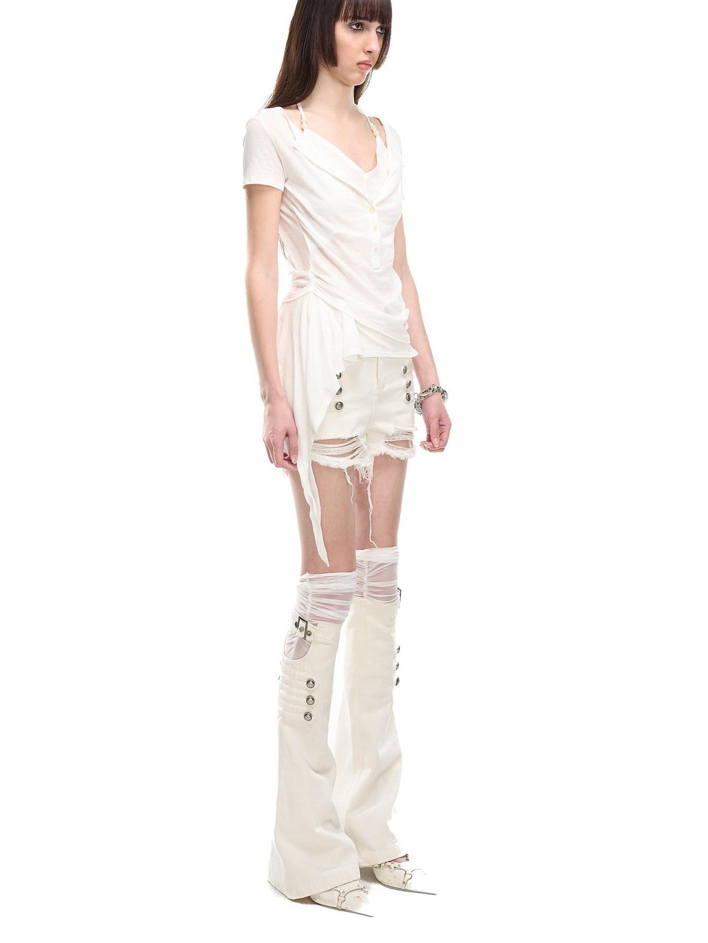 NORTH NODE Asymmetrical Ruffle Knitted Beaded Halter Women&