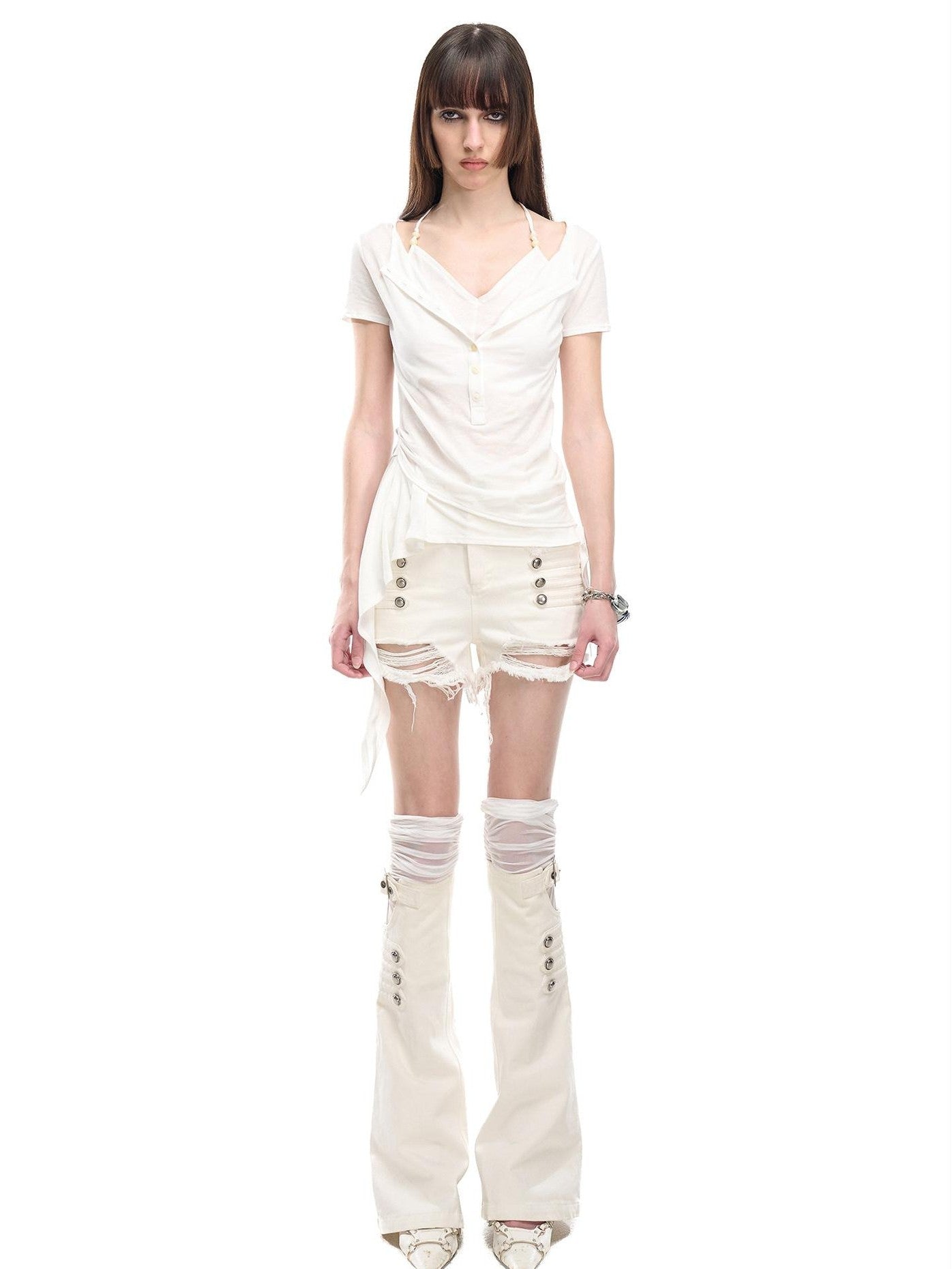 NORTH NODE Asymmetrical Ruffle Knitted Beaded Halter Women&