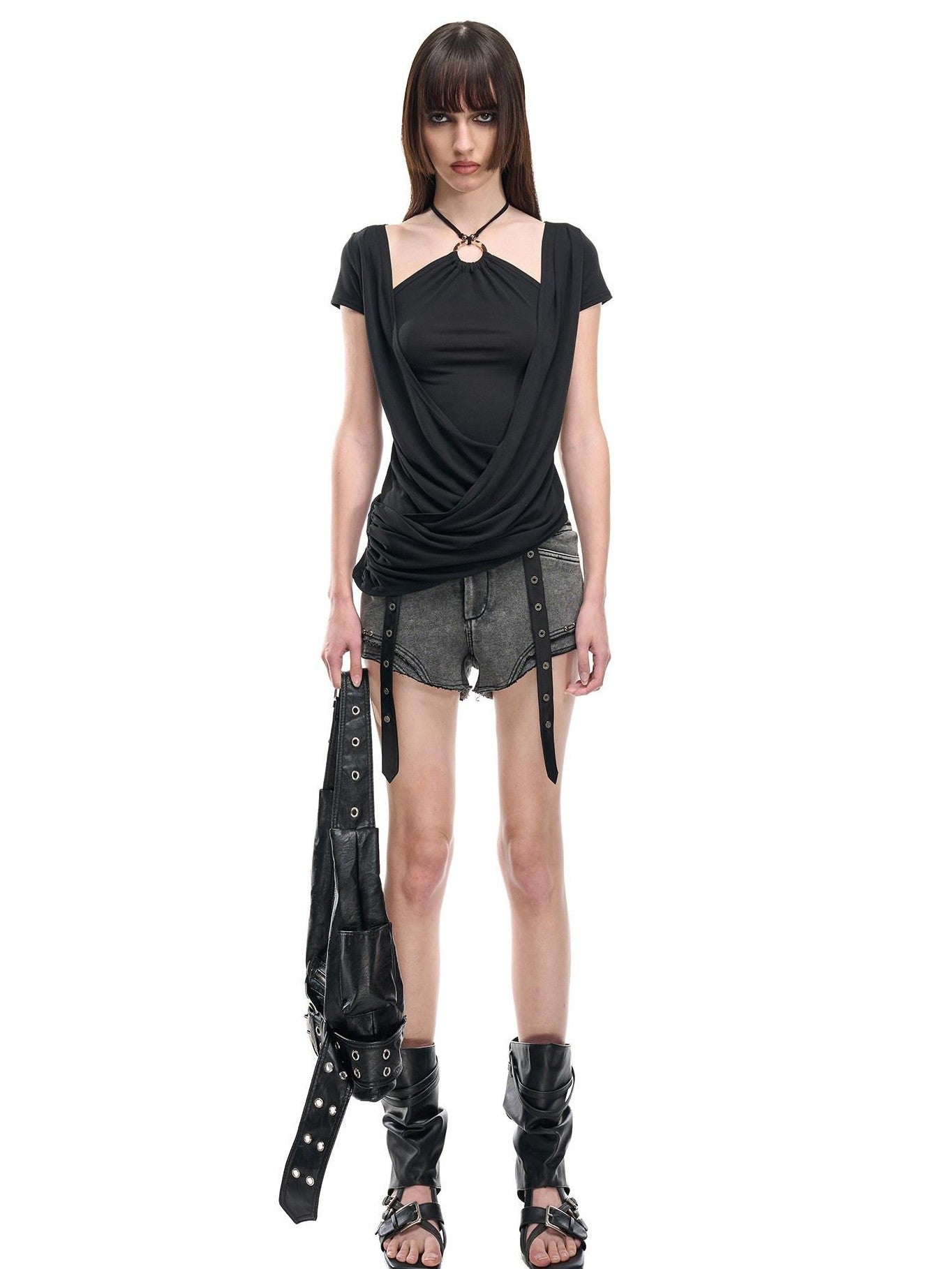 NORTH NODE Beaded Halter Draped Asymmetric Ruched Women&