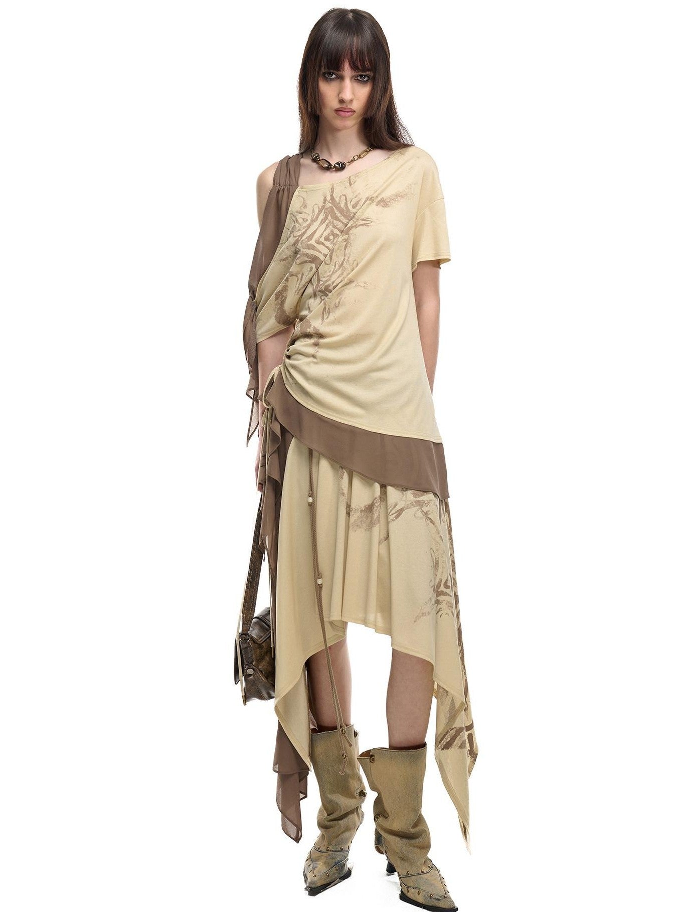NORTH NODE Beaded Tie Splice Printed Asymmetric Ruffle Women&