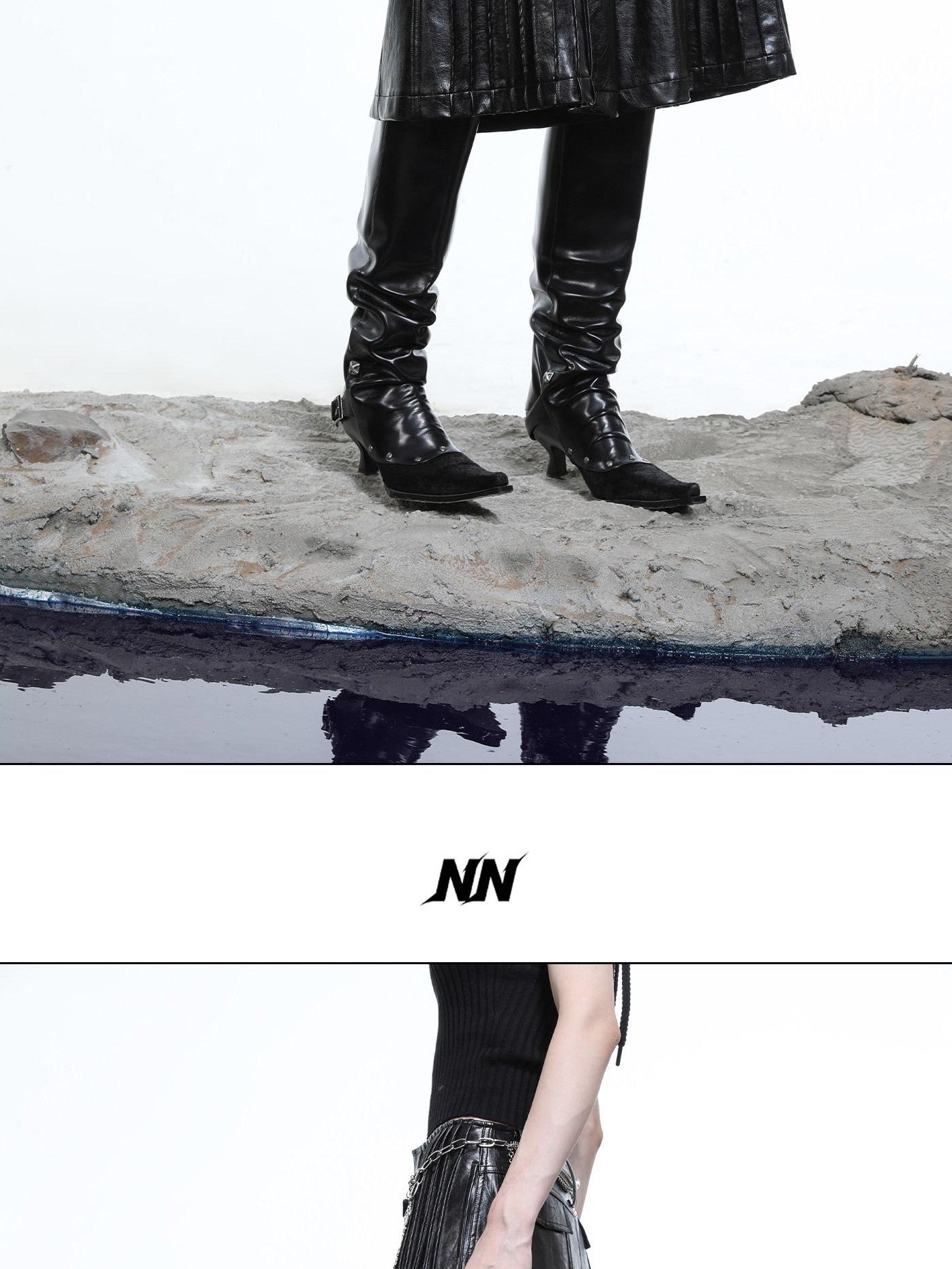 NORTH NODE Black Accordion Pleated Wide Leg Flared Natural Waist Women&