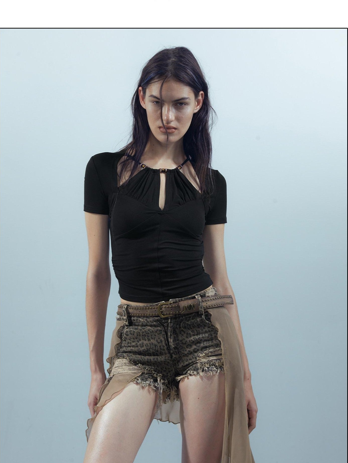 NORTH NODE Black Beaded Halter Ruched Slim Fit Women&