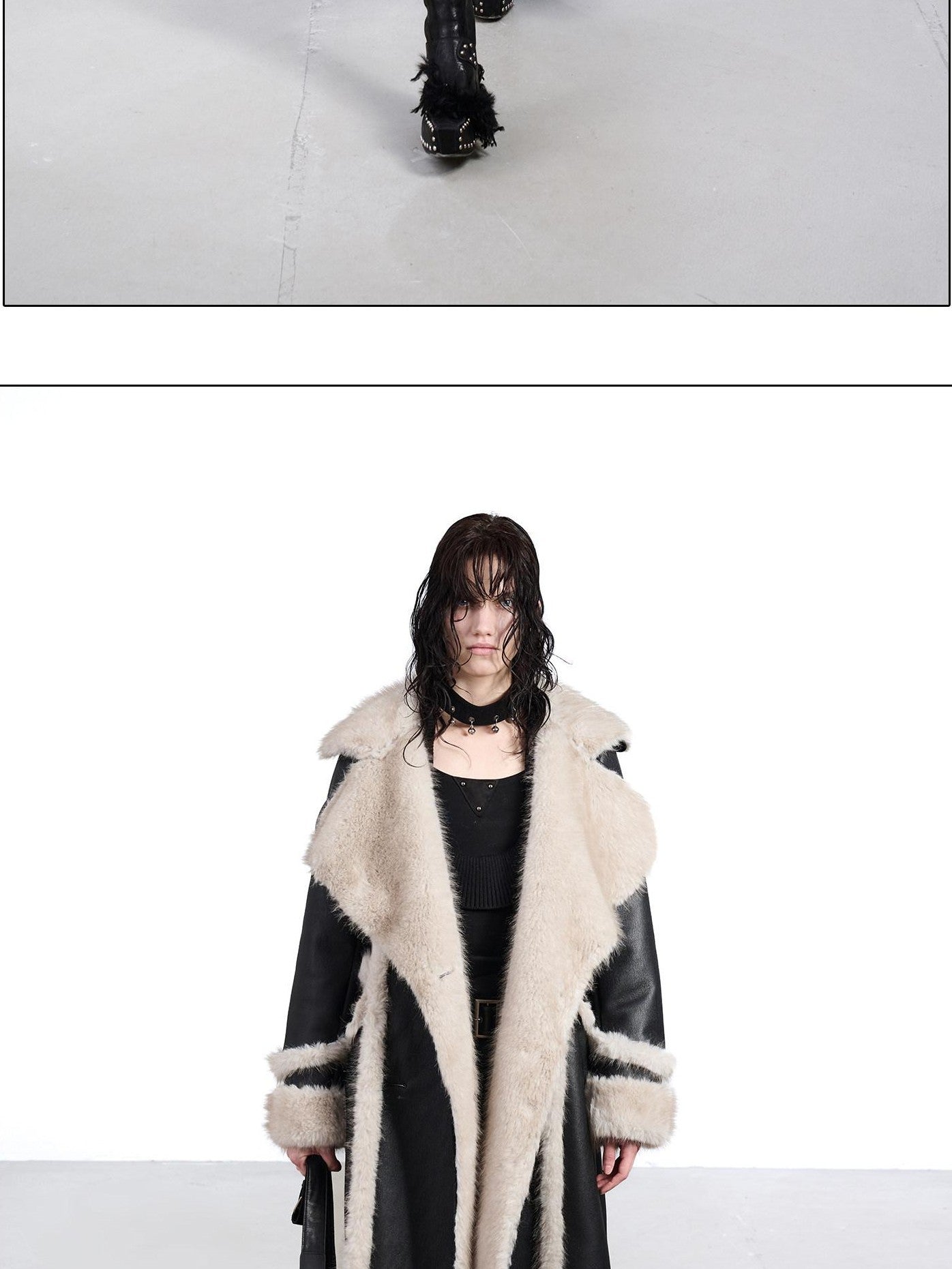 NORTH NODE Black Double Breasted Faux Shearling Notch Collar Women&