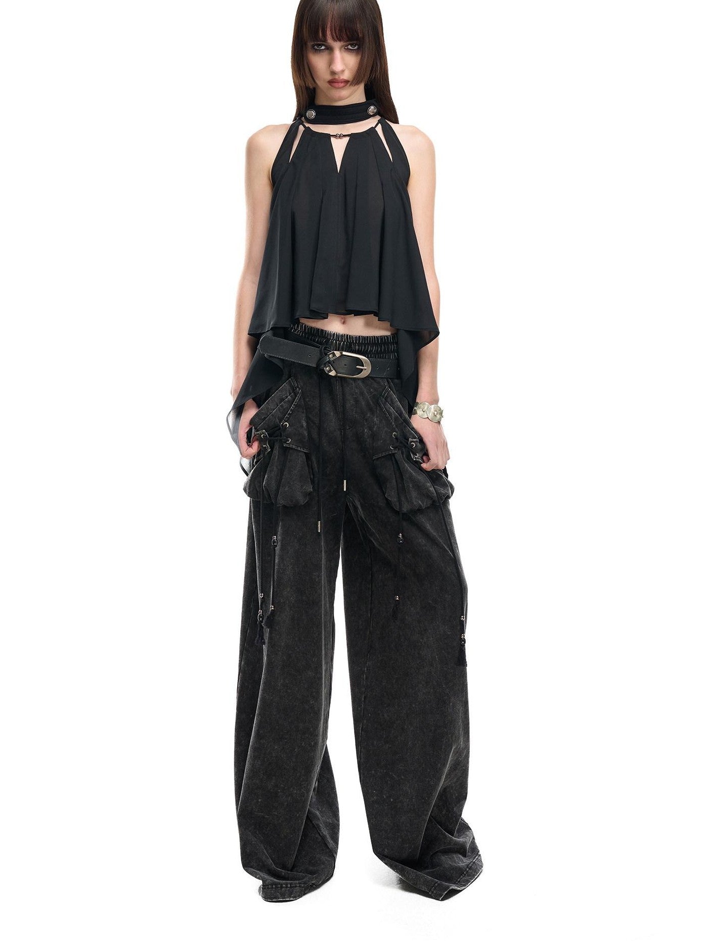 NORTH NODE Black Off Shoulder Halter Asymmetrical Ruffle Women&