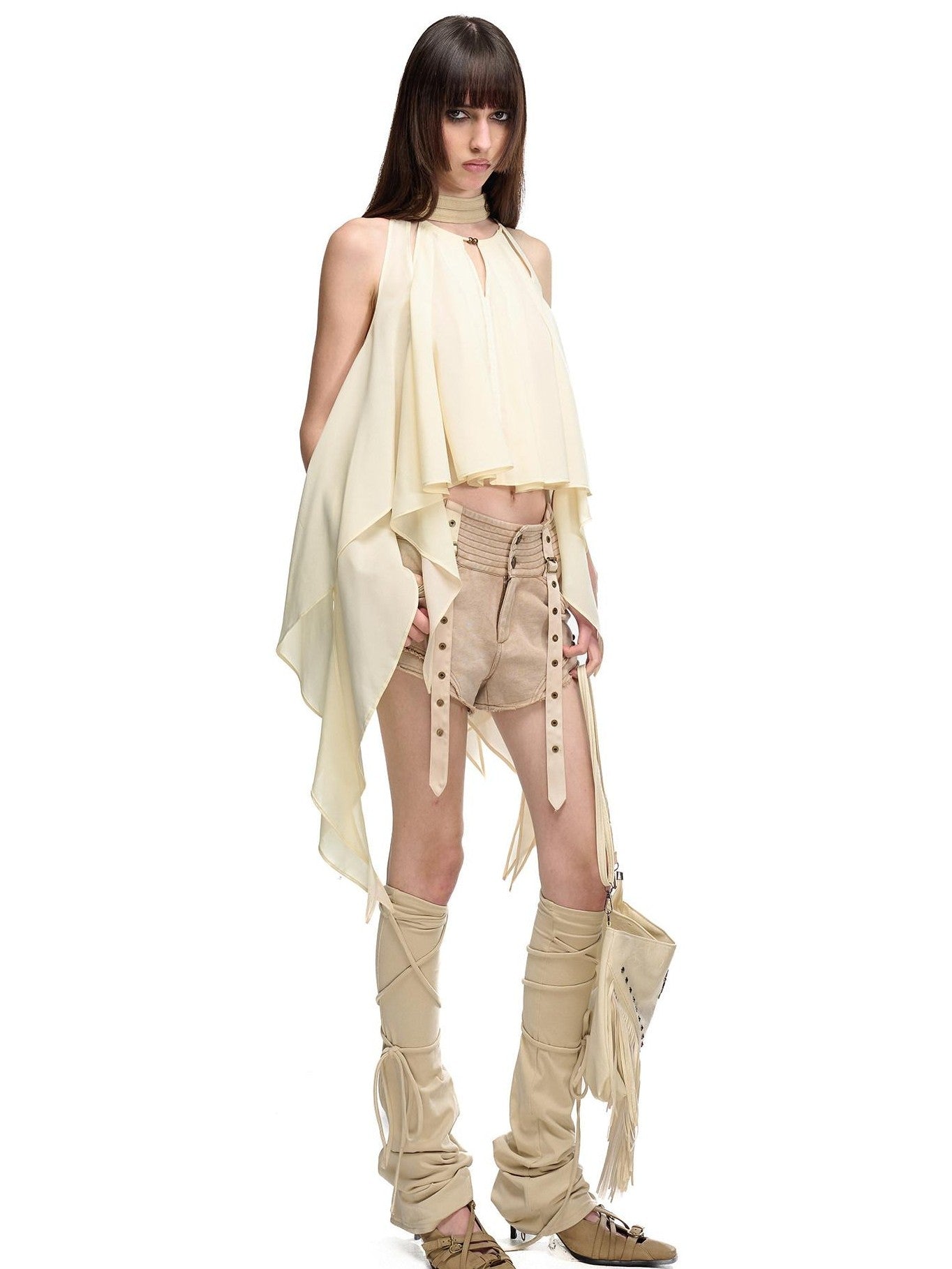 NORTH NODE Black Off Shoulder Halter Asymmetrical Ruffle Women&