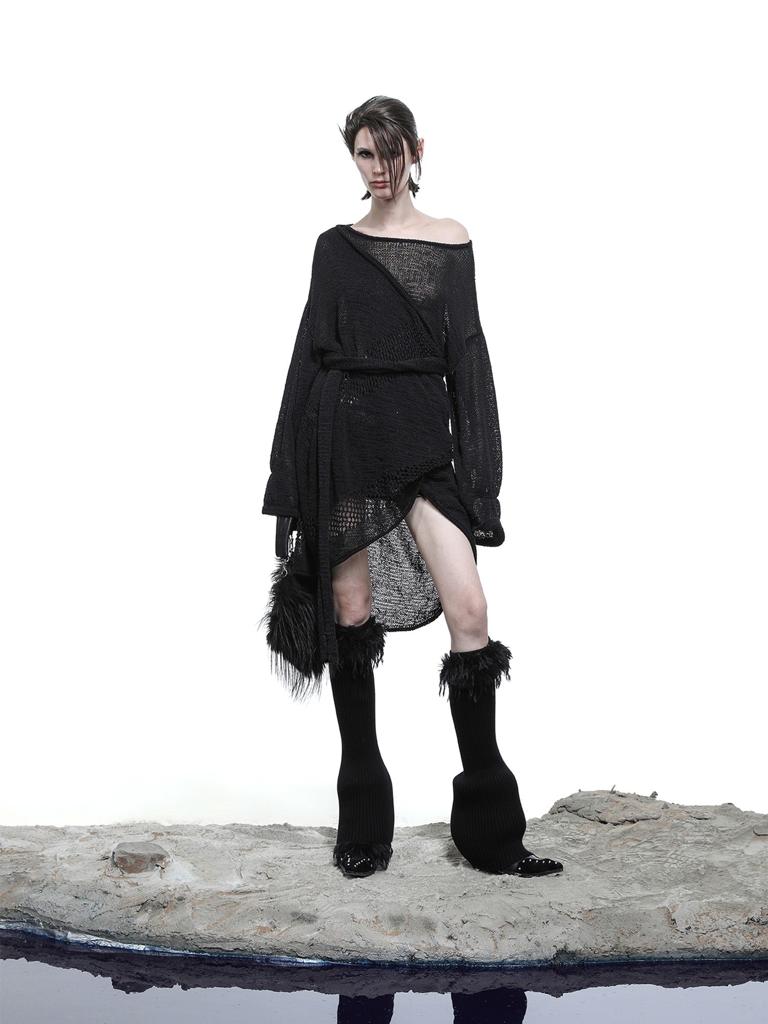 NORTH NODE Black Punk Distressed Irregular Crewneck Women&