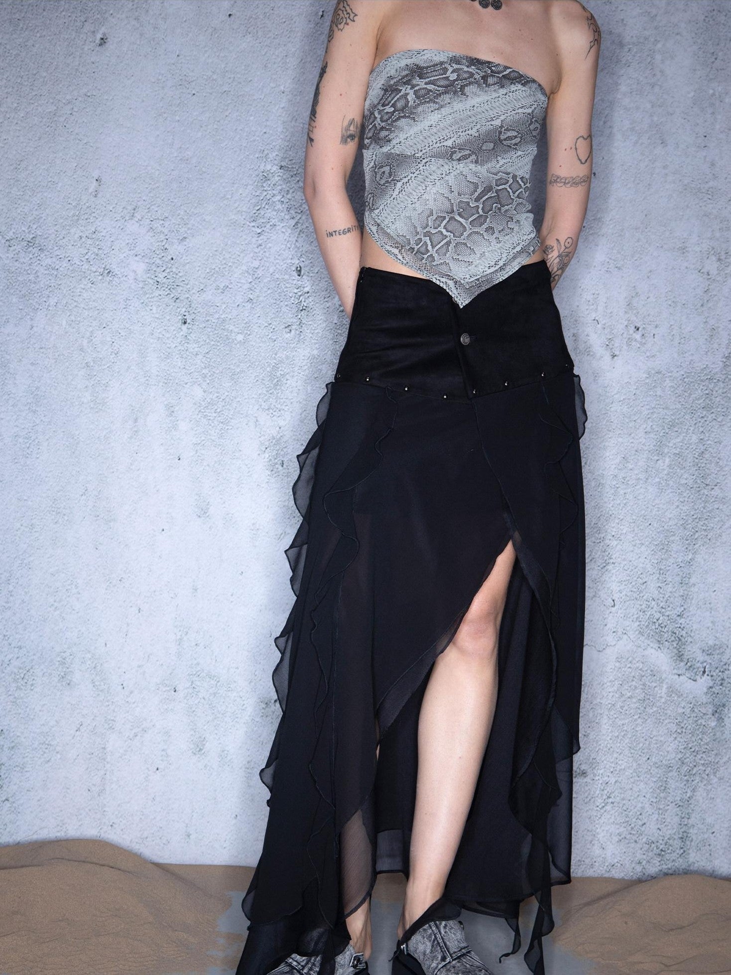 NORTH NODE Black Ruffle Patchwork Asymmetric Irregular A Line Women&