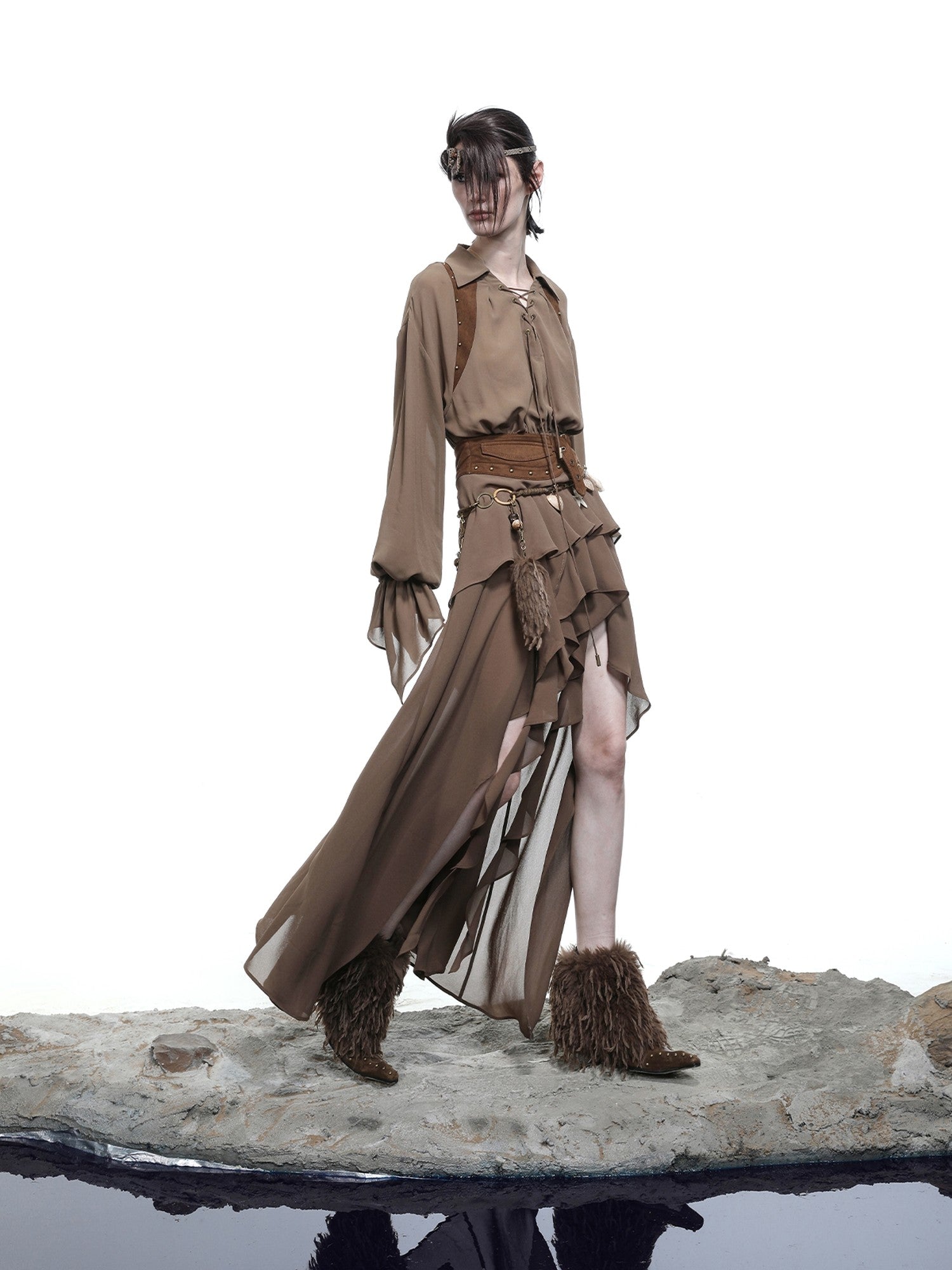 NORTH NODE Bloom Pleats Irregular Ruffle Shirt Collar Women&