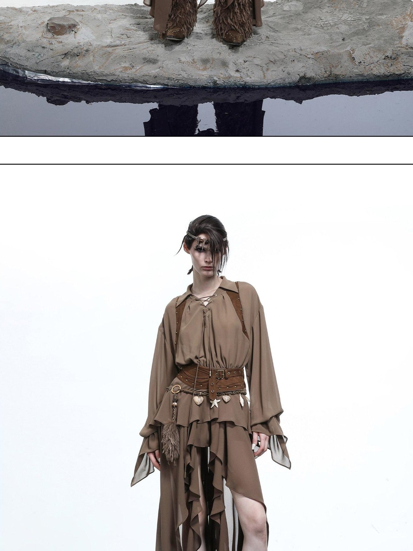 NORTH NODE Bloom Pleats Irregular Ruffle Shirt Collar Women&
