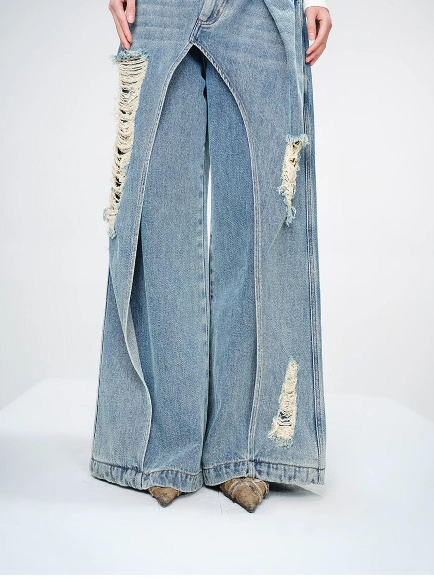 NORTH NODE Blue Double Layer Washed Distressed Women&