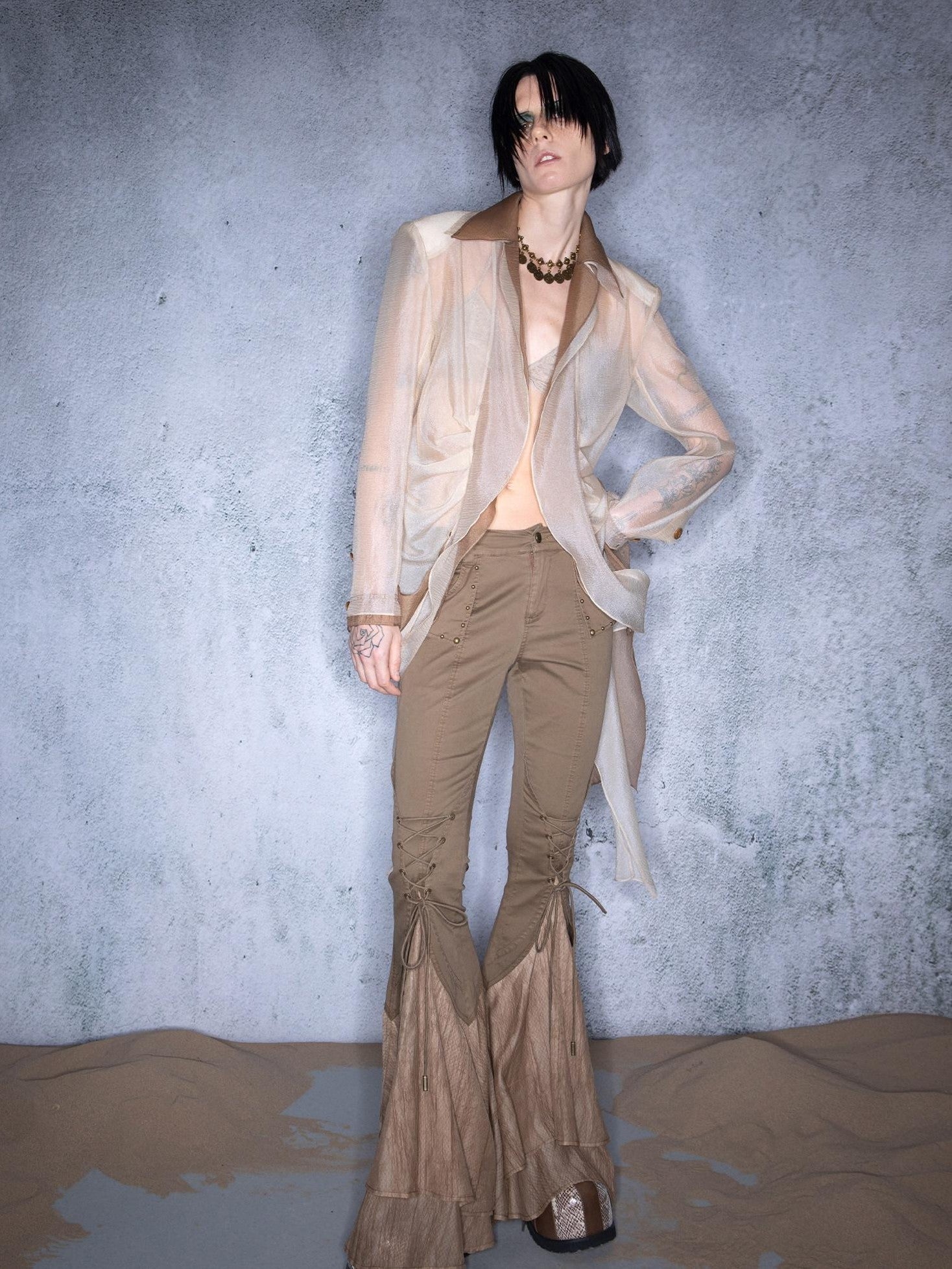 NORTH NODE Bubble Gauze Pleated Spliced Notched Lapel Women&