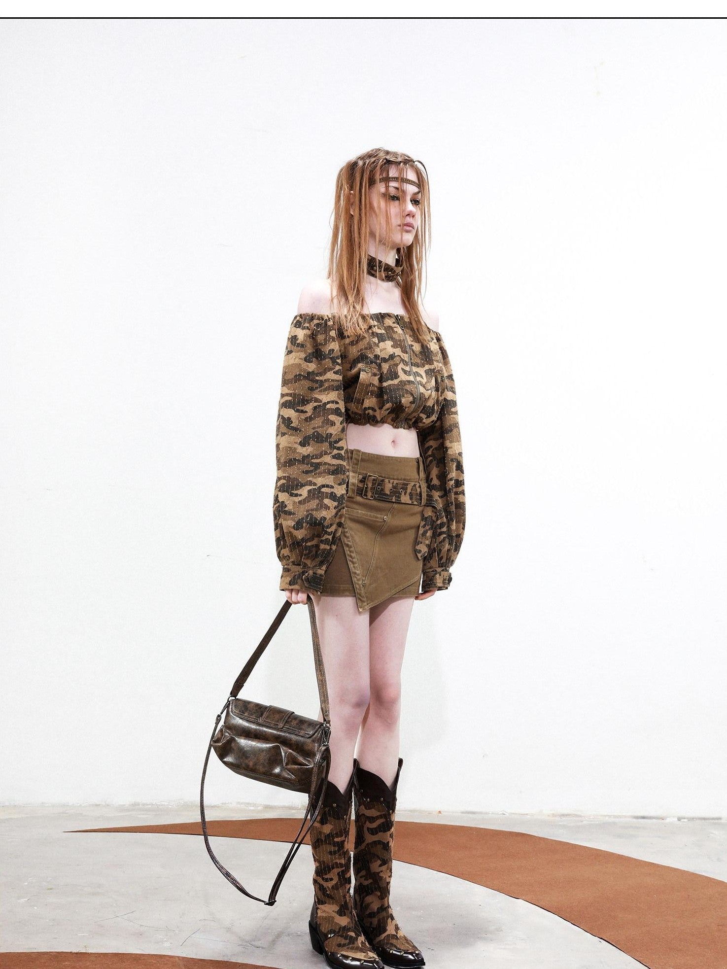 NORTH NODE Camouflage One Shoulder Jacket Pants And Skirt Women&