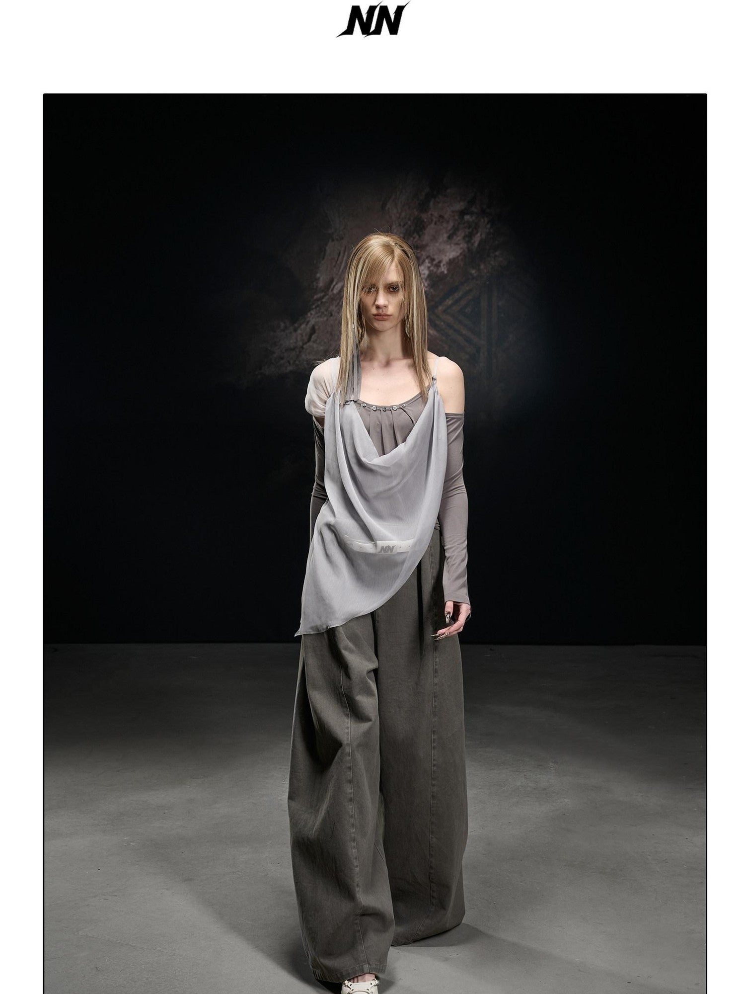 NORTH NODE Chiffon Splice Asymmetric Off Shoulder Women&