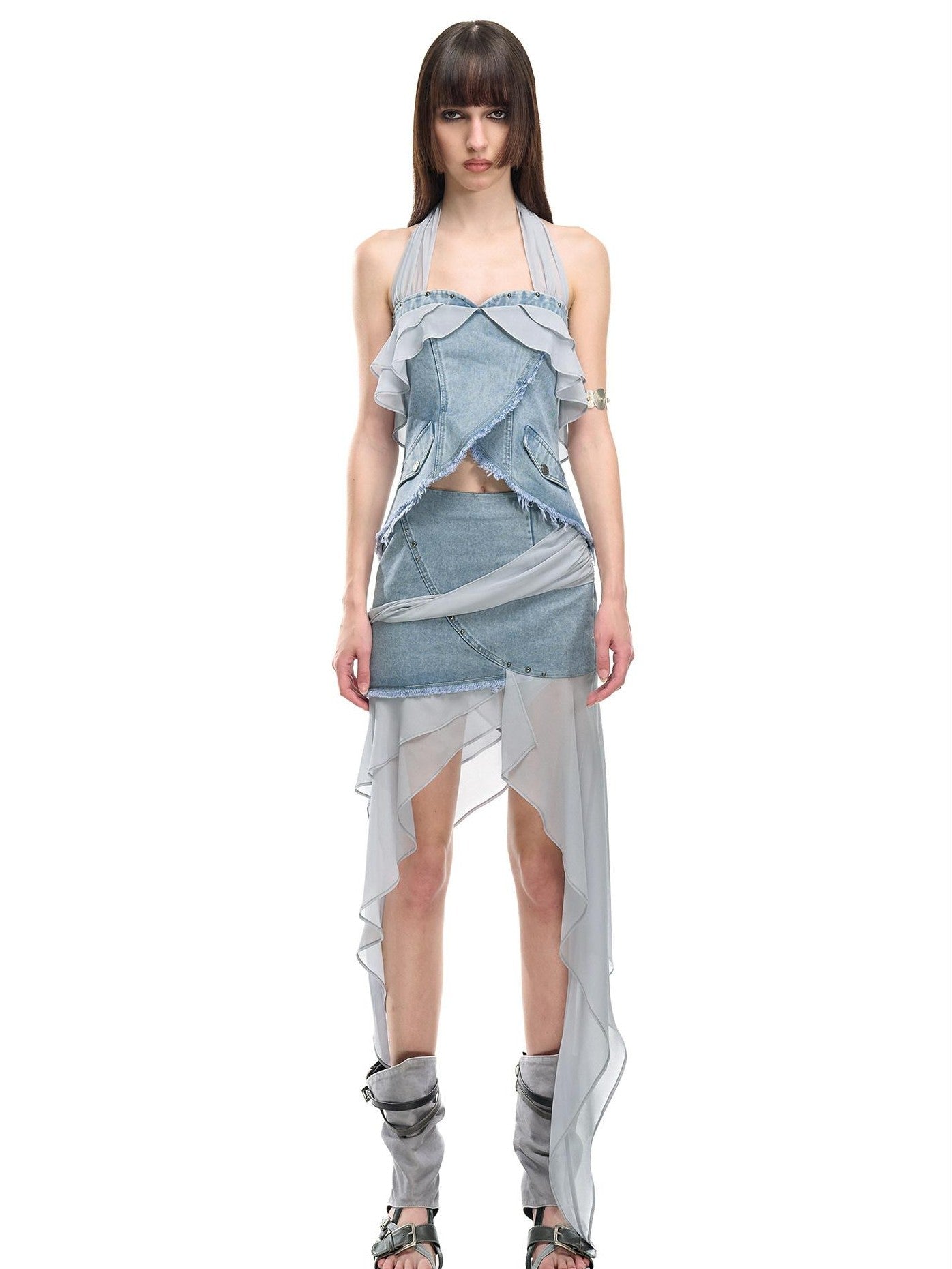 NORTH NODE Chiffon Splice Asymmetric Ruffle A Line Women&