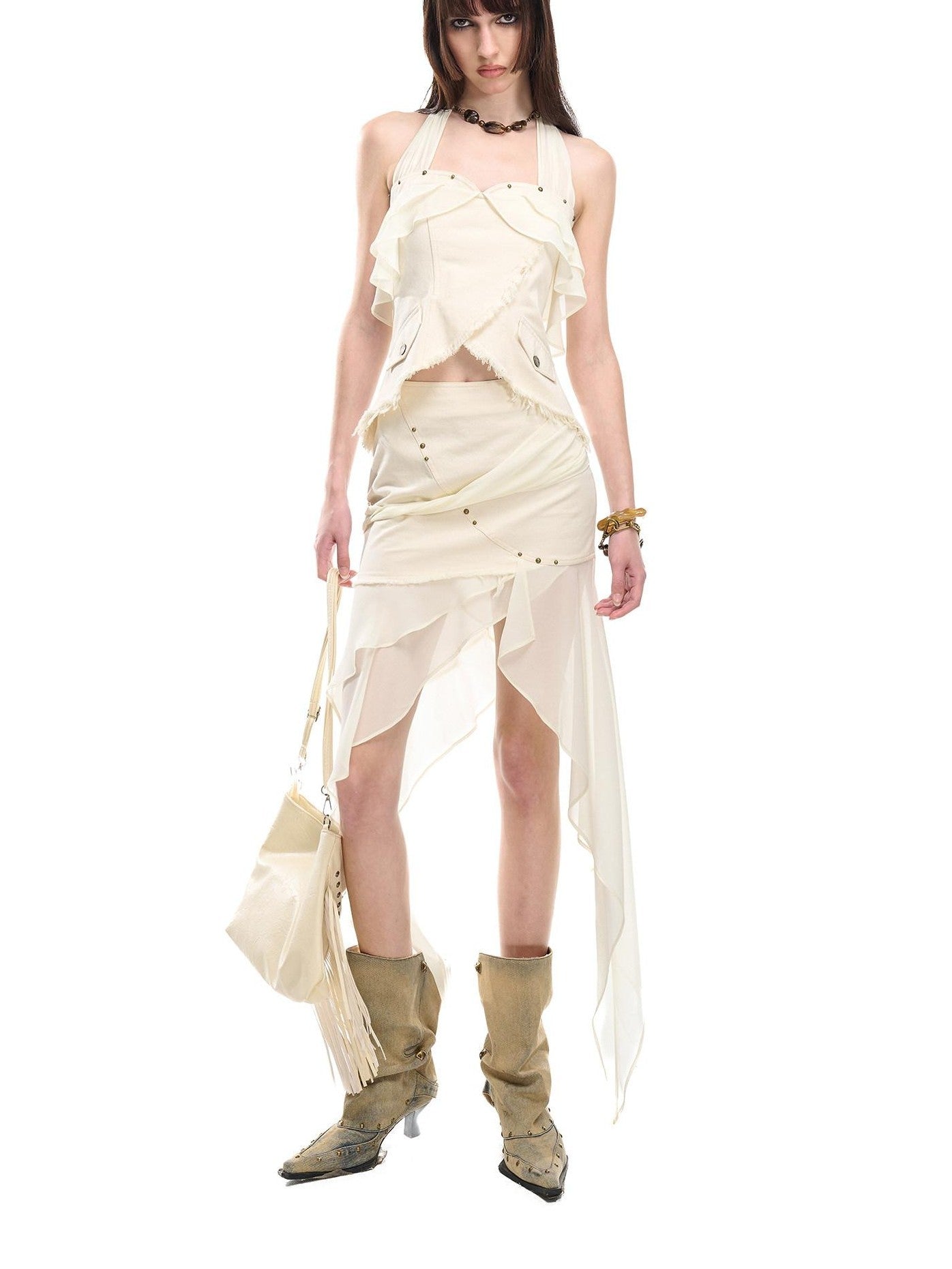 NORTH NODE Chiffon Splice Asymmetric Ruffle A Line Women&