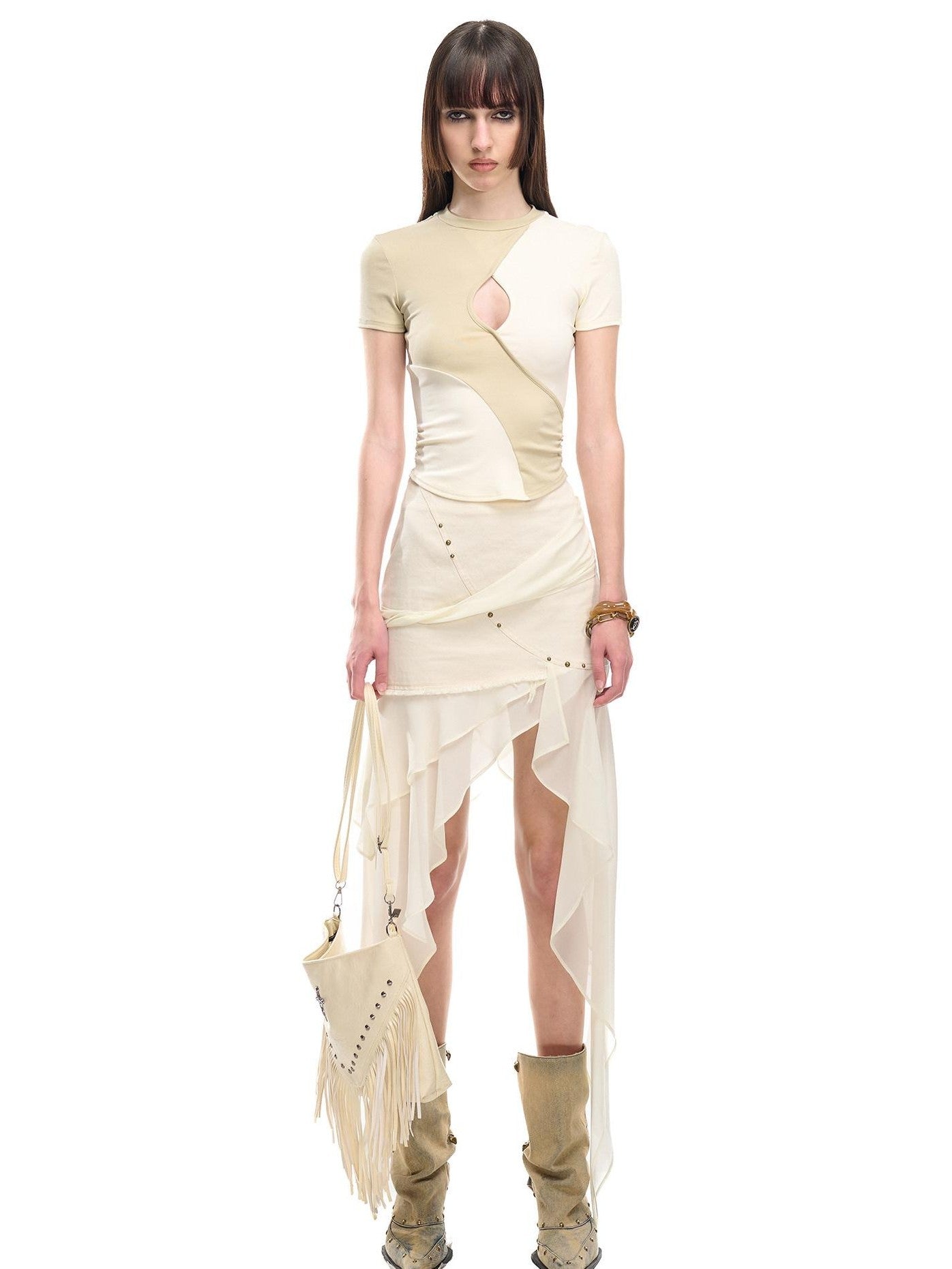 NORTH NODE Chiffon Splice Asymmetric Ruffle A Line Women&