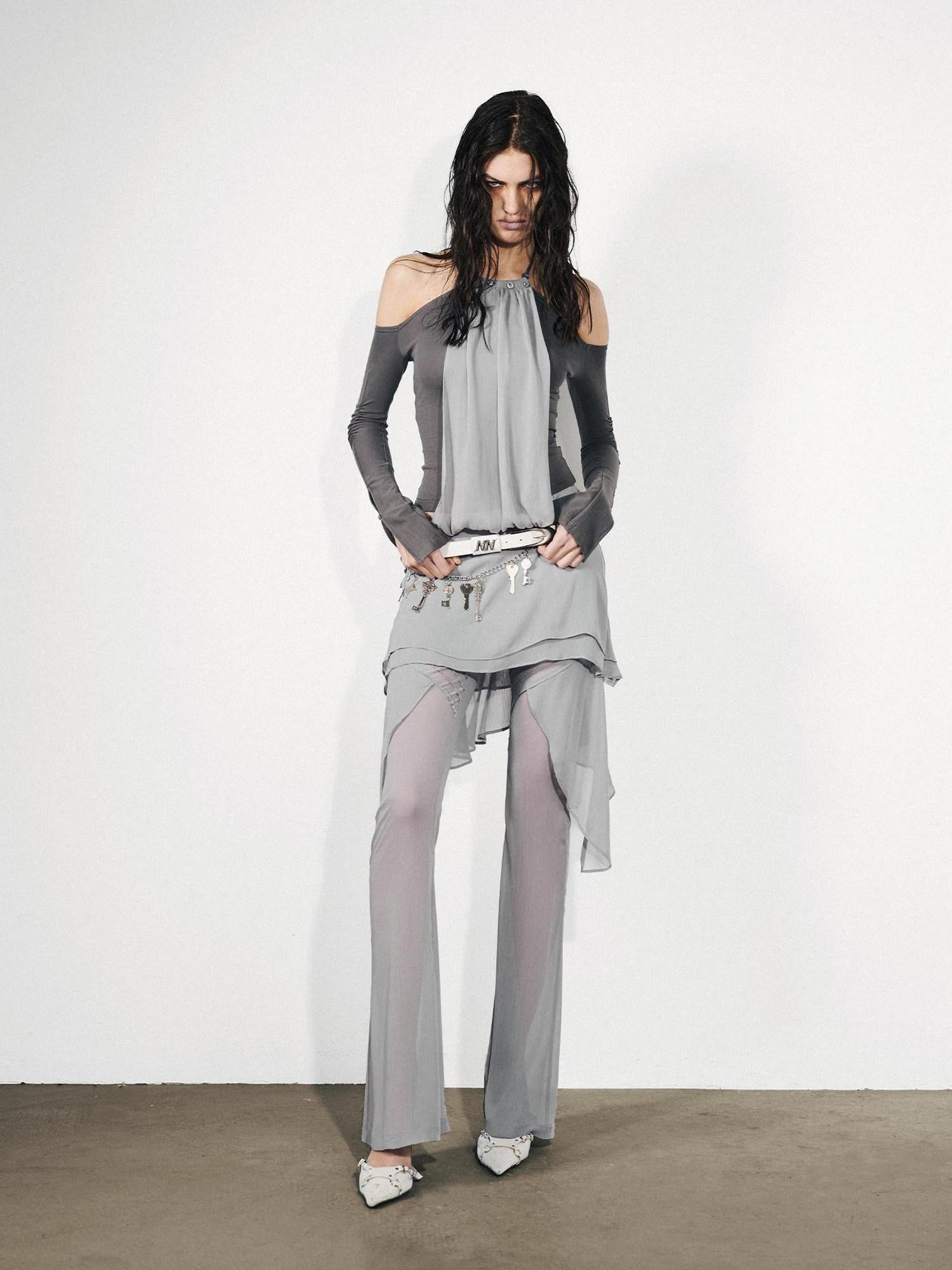 NORTH NODE Chiffon Splice Off Shoulder Halter Women&