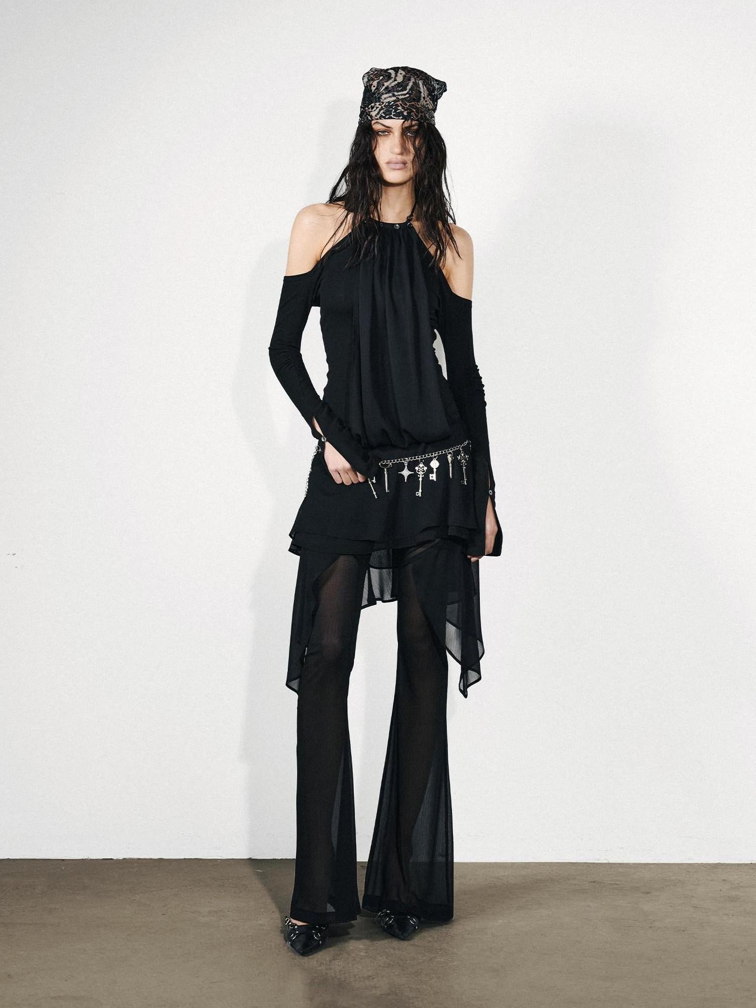 NORTH NODE Chiffon Splice Off Shoulder Halter Women&