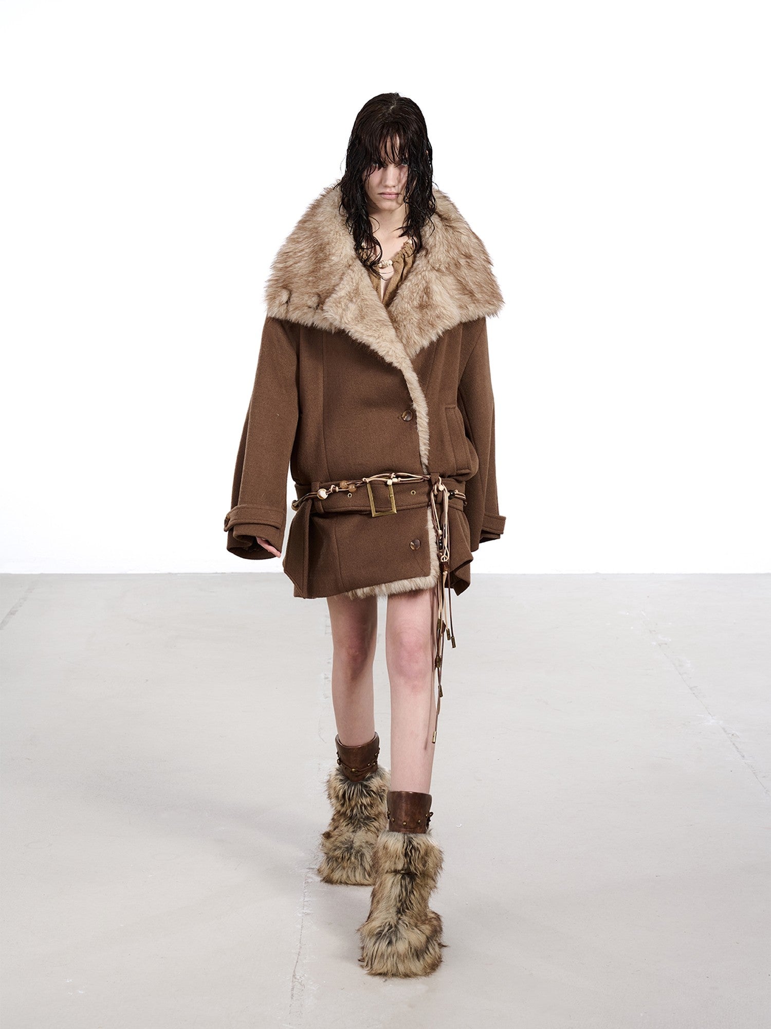 NORTH NODE Coffee Fur Lined Notched Collar Single Breasted Women&