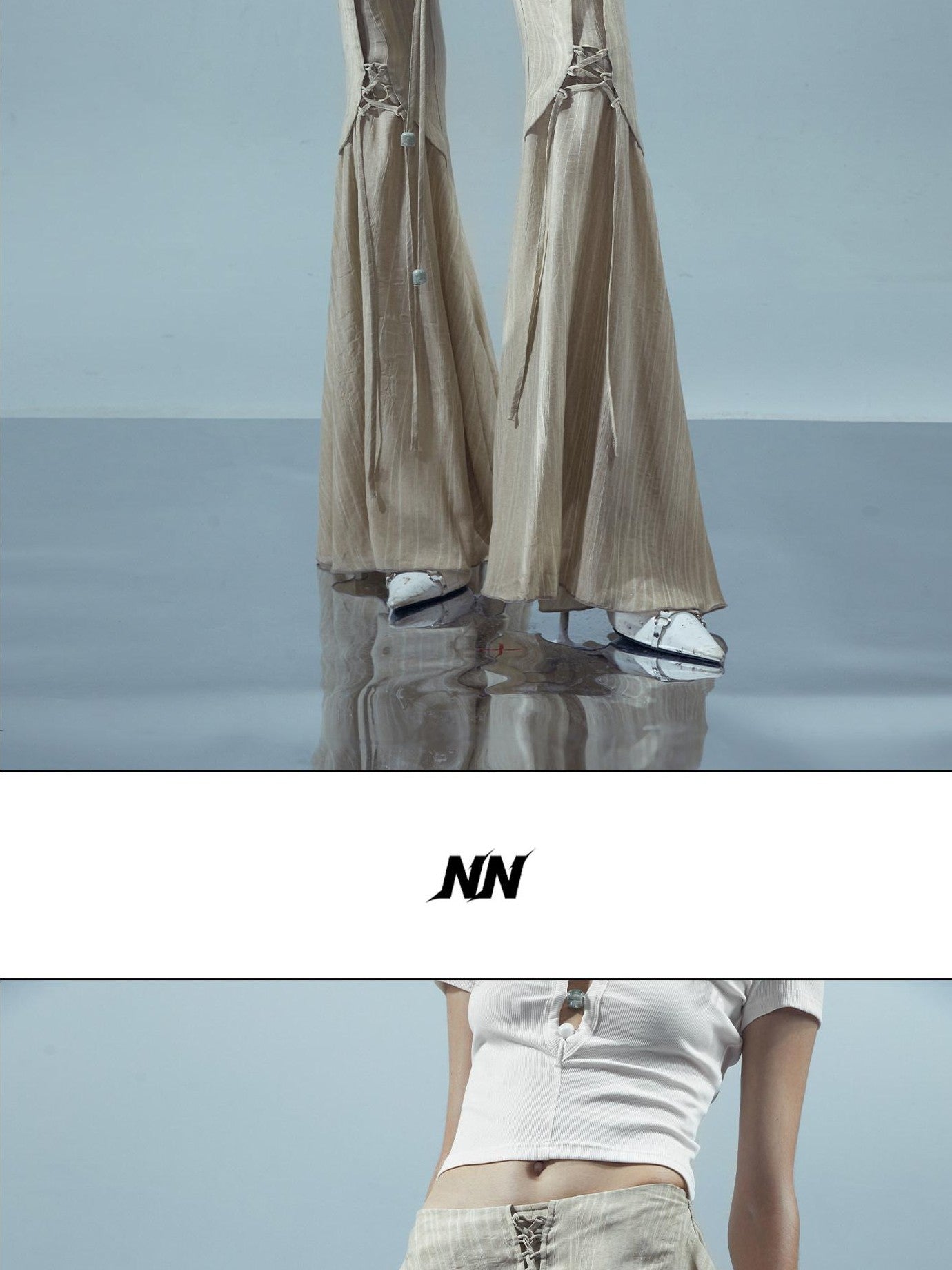 NORTH NODE Coffee Lace Tie Crotch Flap Slim Micro Flare Women&