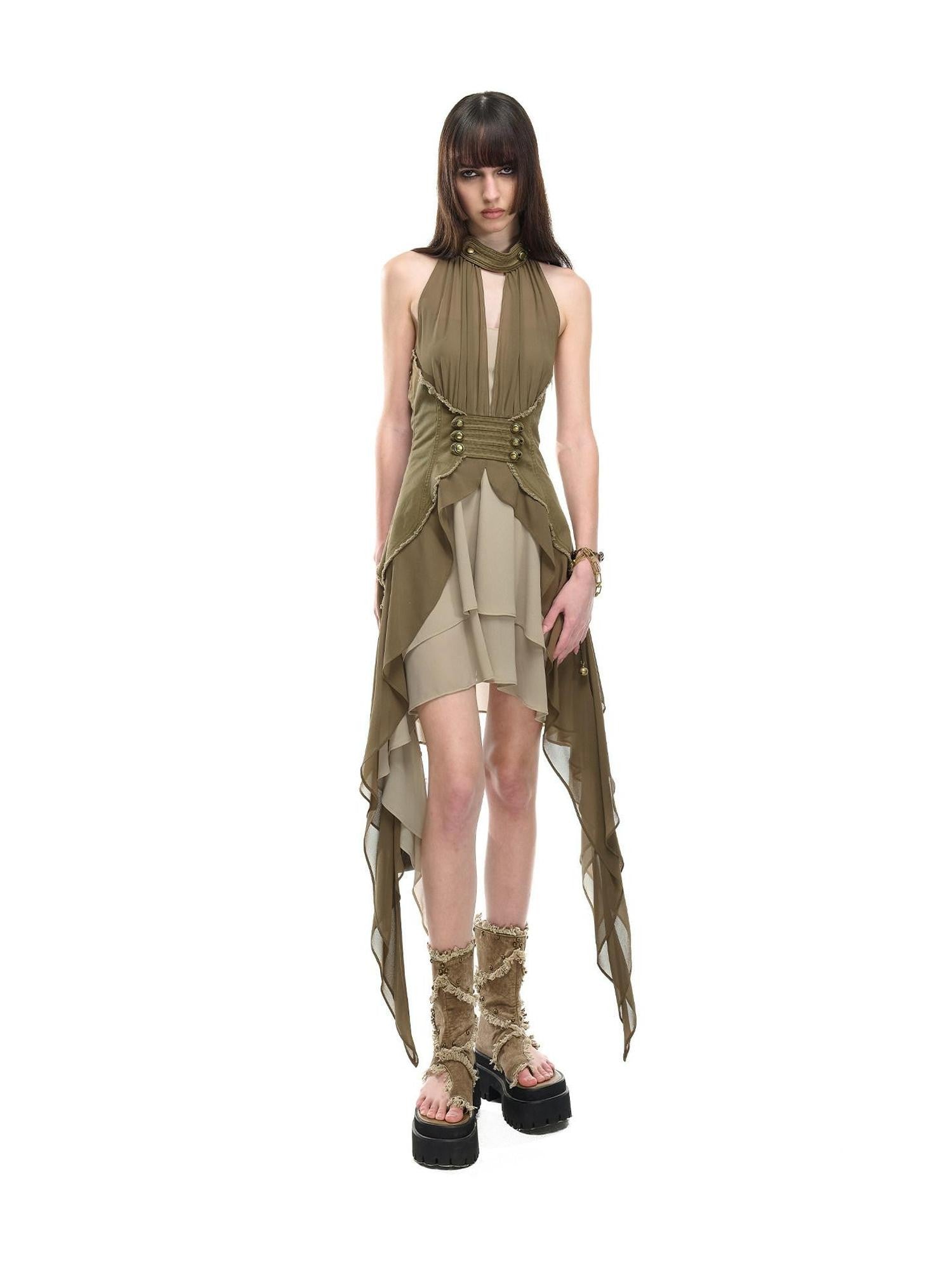 NORTH NODE Coin Buckle Pleated Asymmetric Ruffled Hem Women&