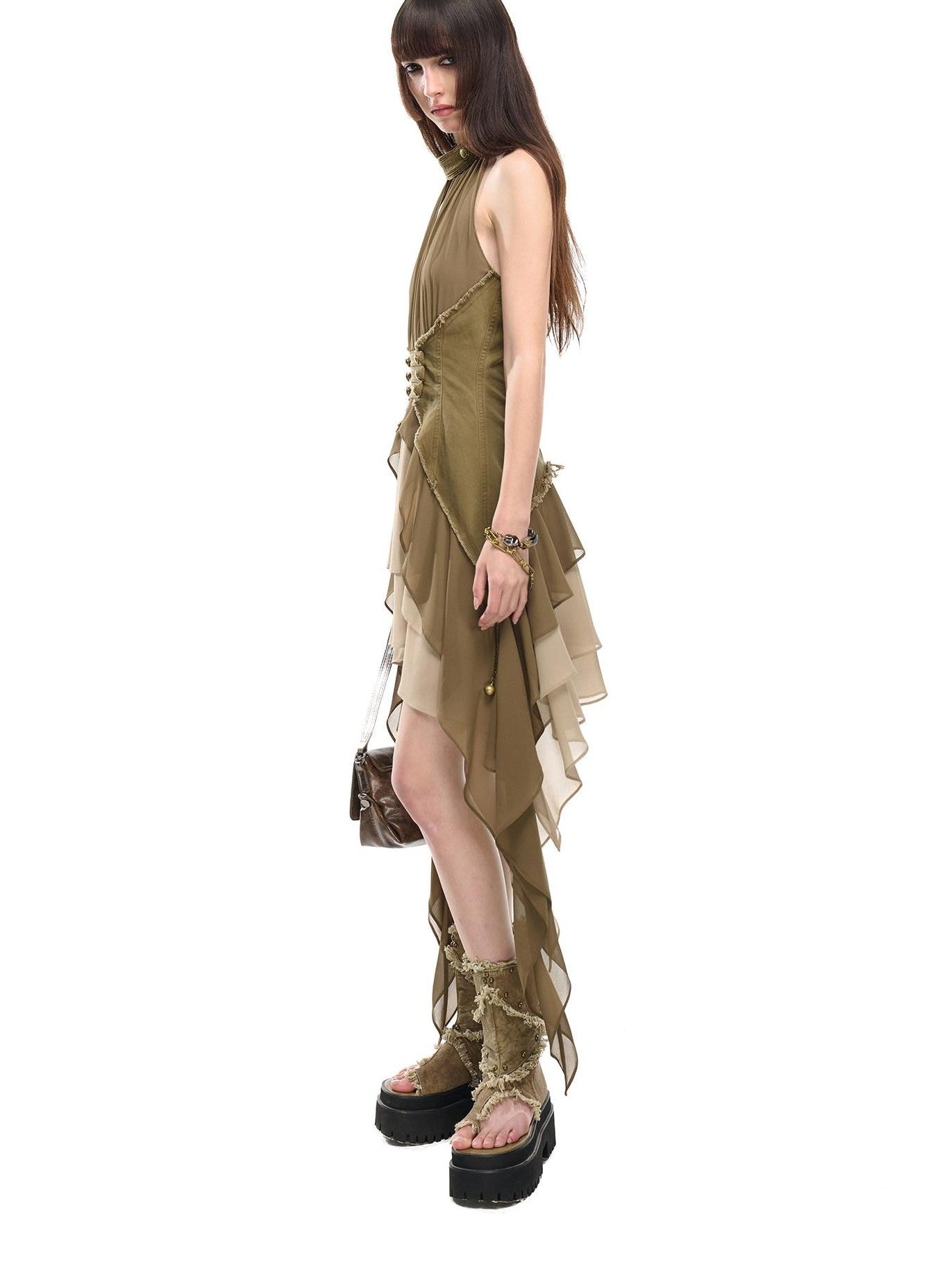 NORTH NODE Coin Buckle Pleated Asymmetric Ruffled Hem Women&