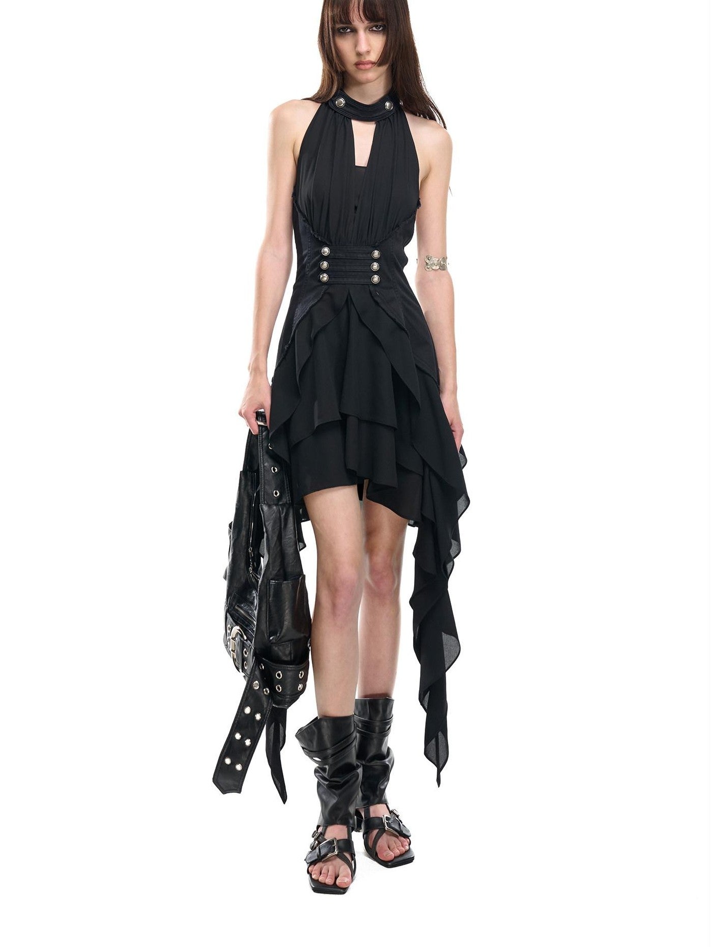 NORTH NODE Coin Buckle Pleated Asymmetric Ruffled Hem Women&