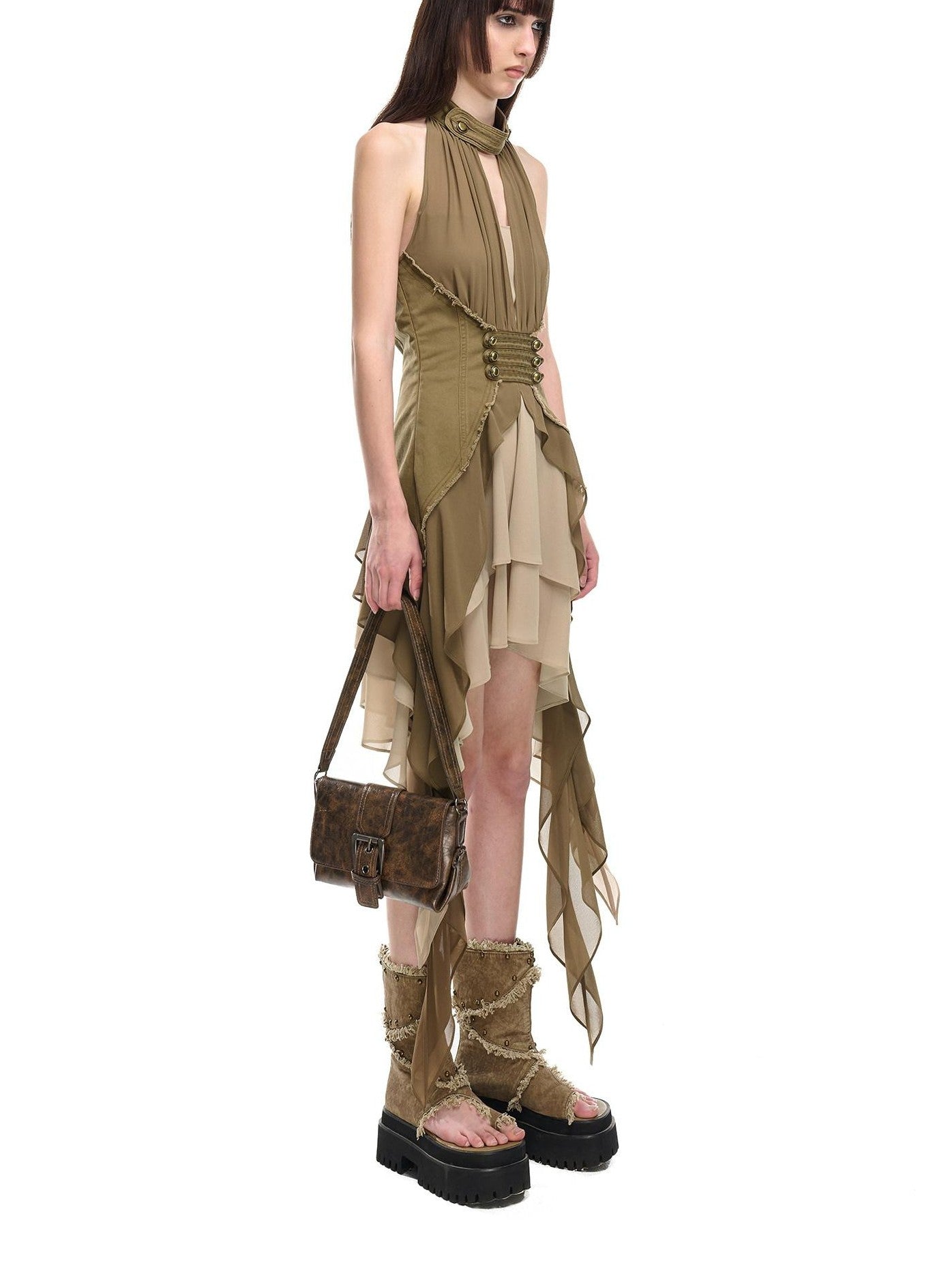 NORTH NODE Coin Buckle Pleated Asymmetric Ruffled Hem Women&