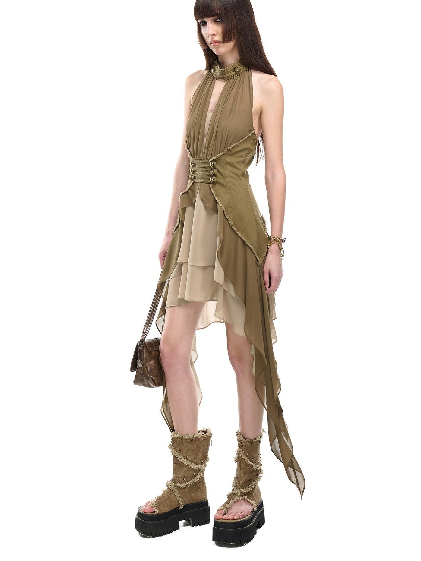 NORTH NODE Coin Buckle Pleated Asymmetric Ruffled Hem Women&