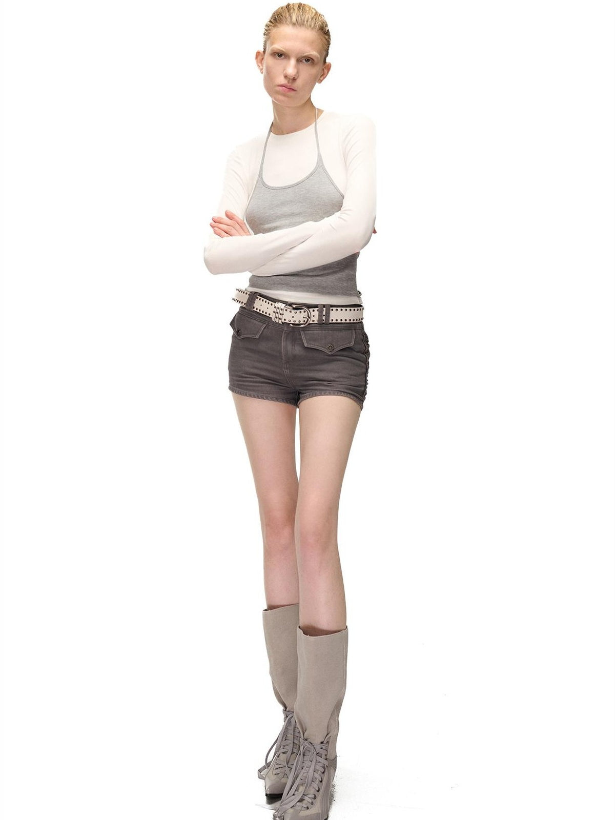 NORTH NODE Color Block Layered Crew Neck Slim Fit Cotton Women&