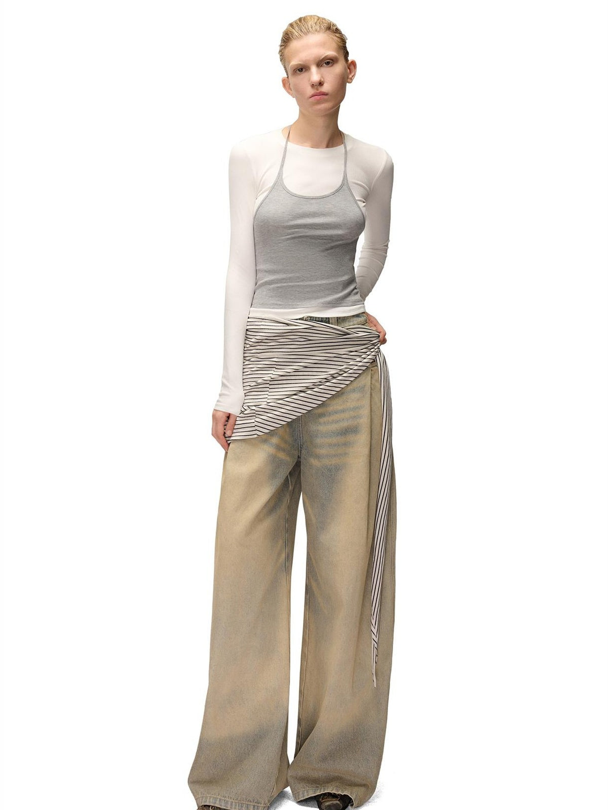 NORTH NODE Color Block Layered Crew Neck Slim Fit Cotton Women&