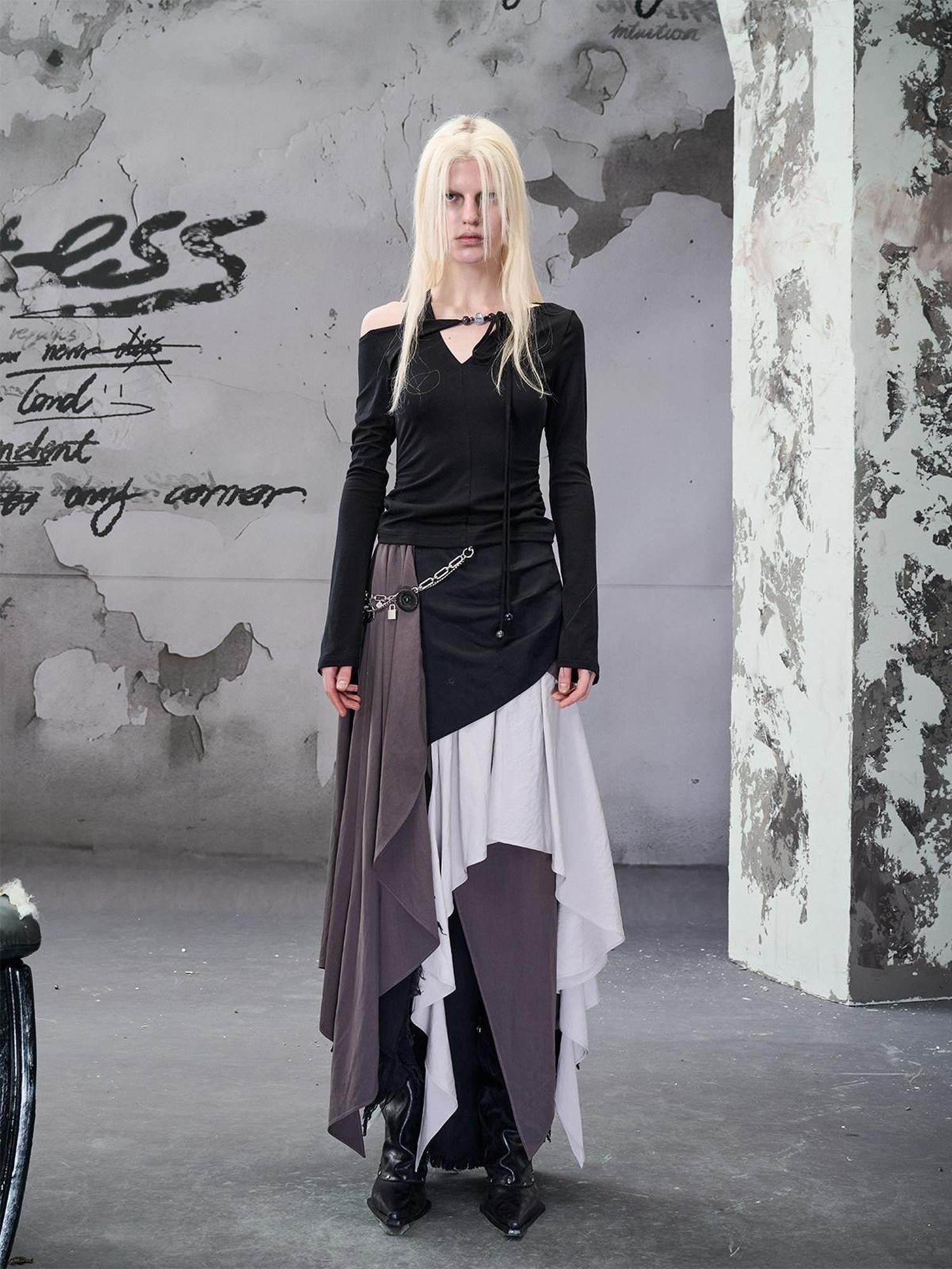 NORTH NODE Colorblock Patchwork Layered Asymmetrical Women&
