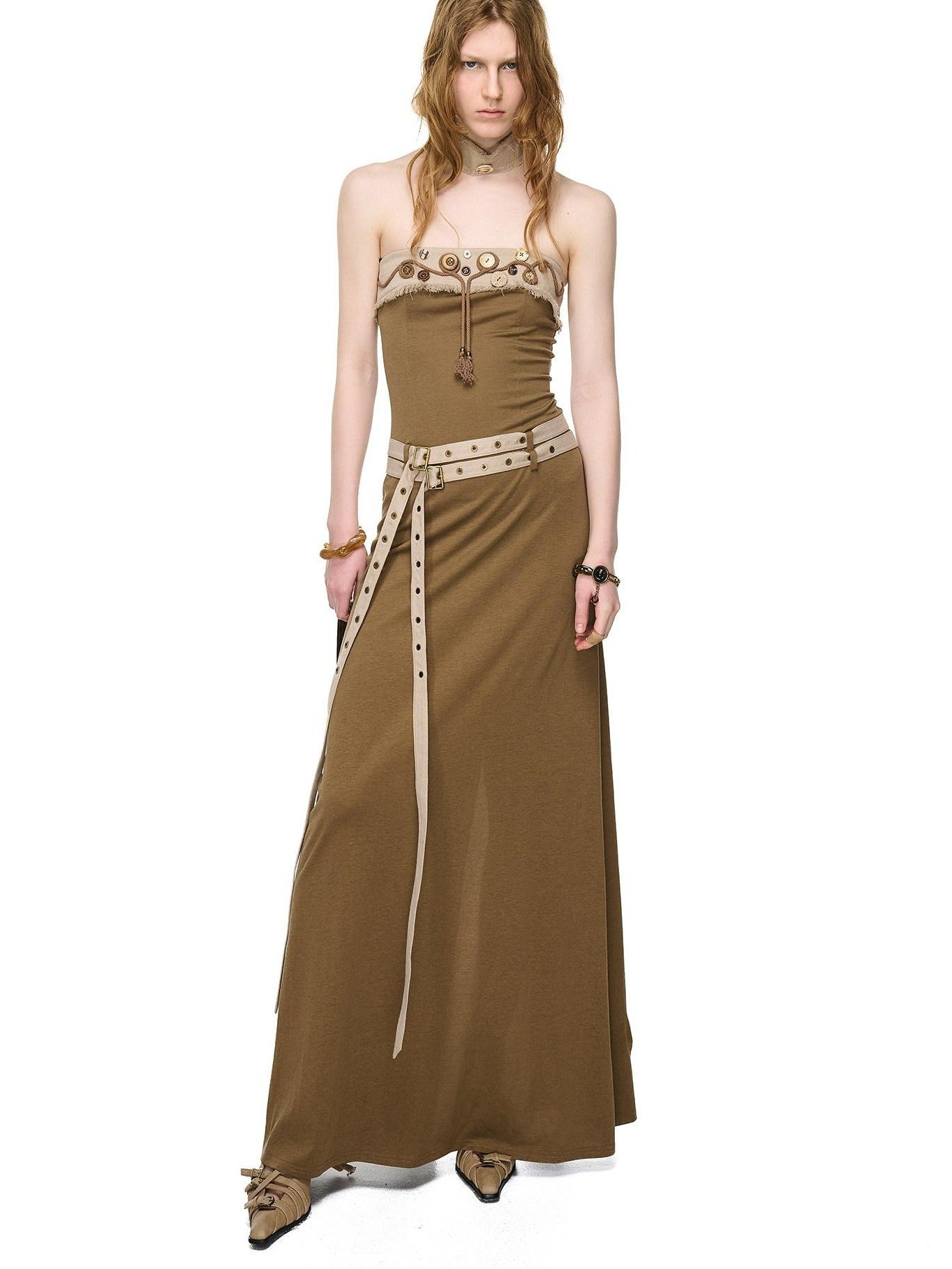 NORTH NODE Compass Print Hand Sewn Button Double Belt Splice Women&