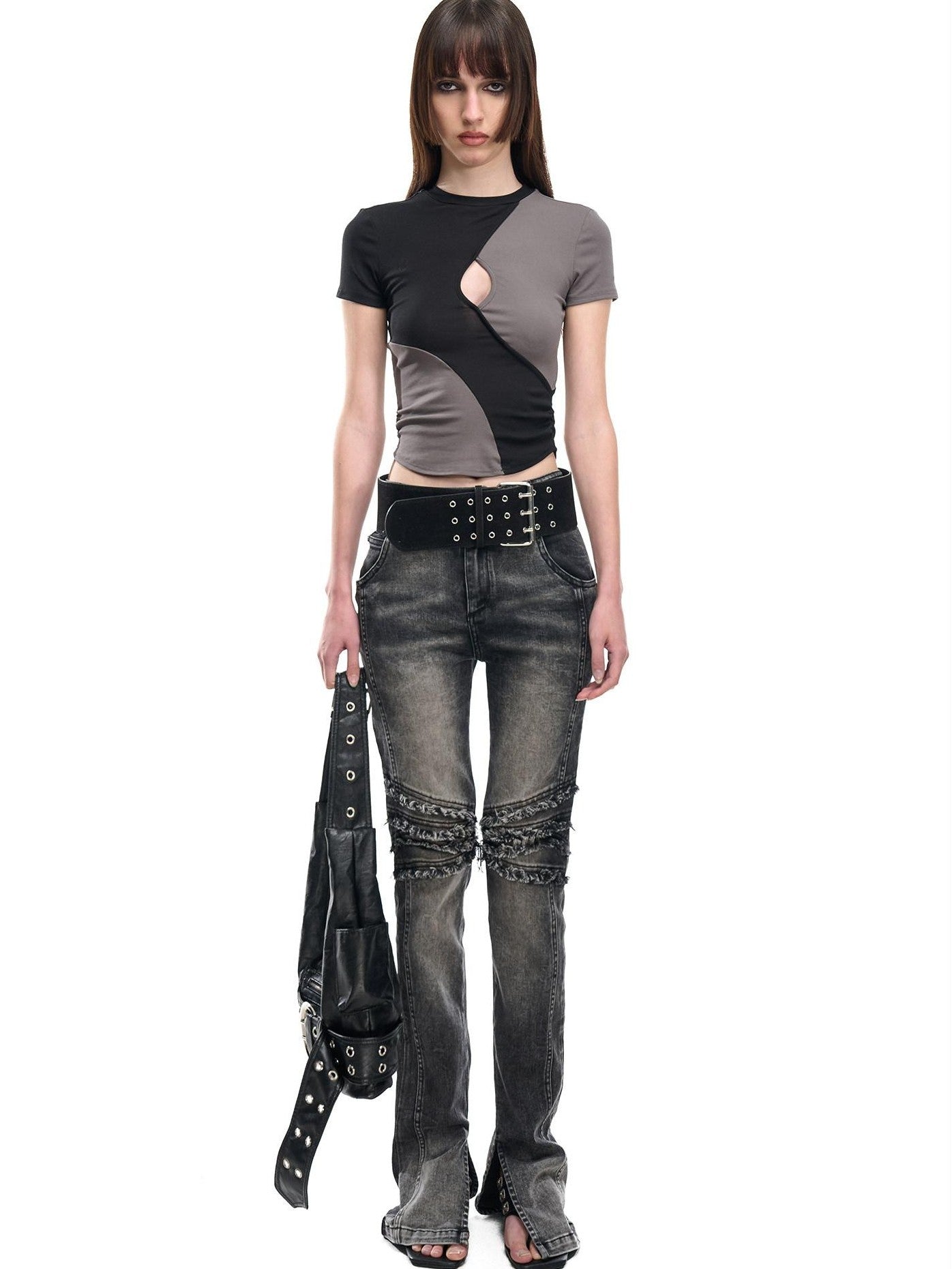 NORTH NODE Contrast Color Cutout Patchwork Distressed Women&