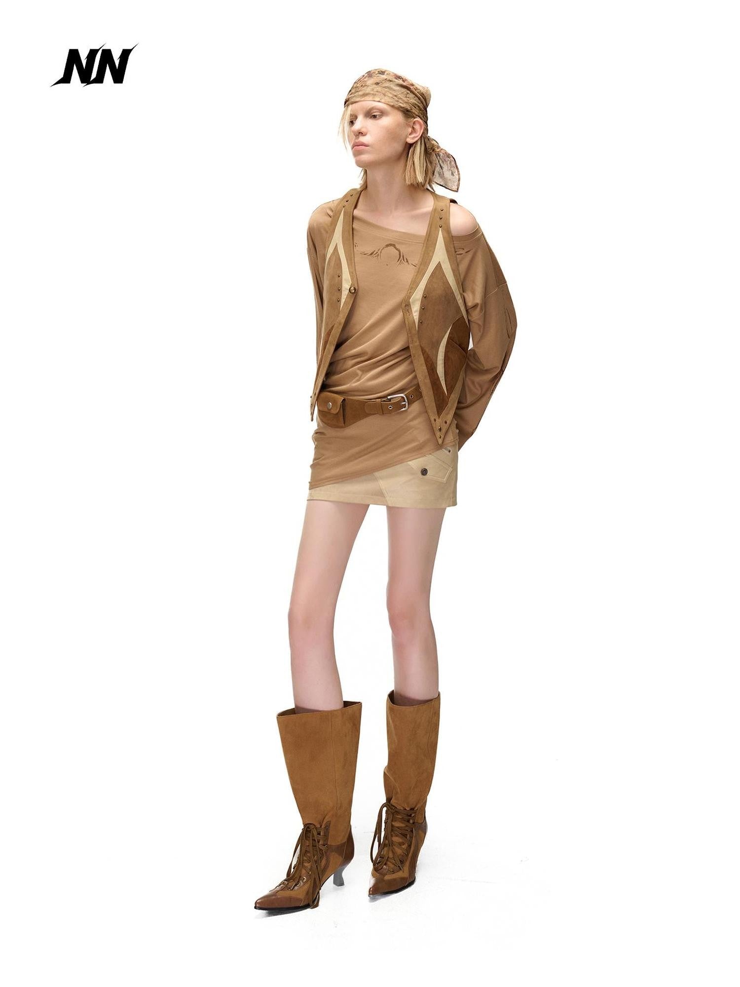 NORTH NODE Contrast Color Faux Suede Spliced V-neck Loose Women&