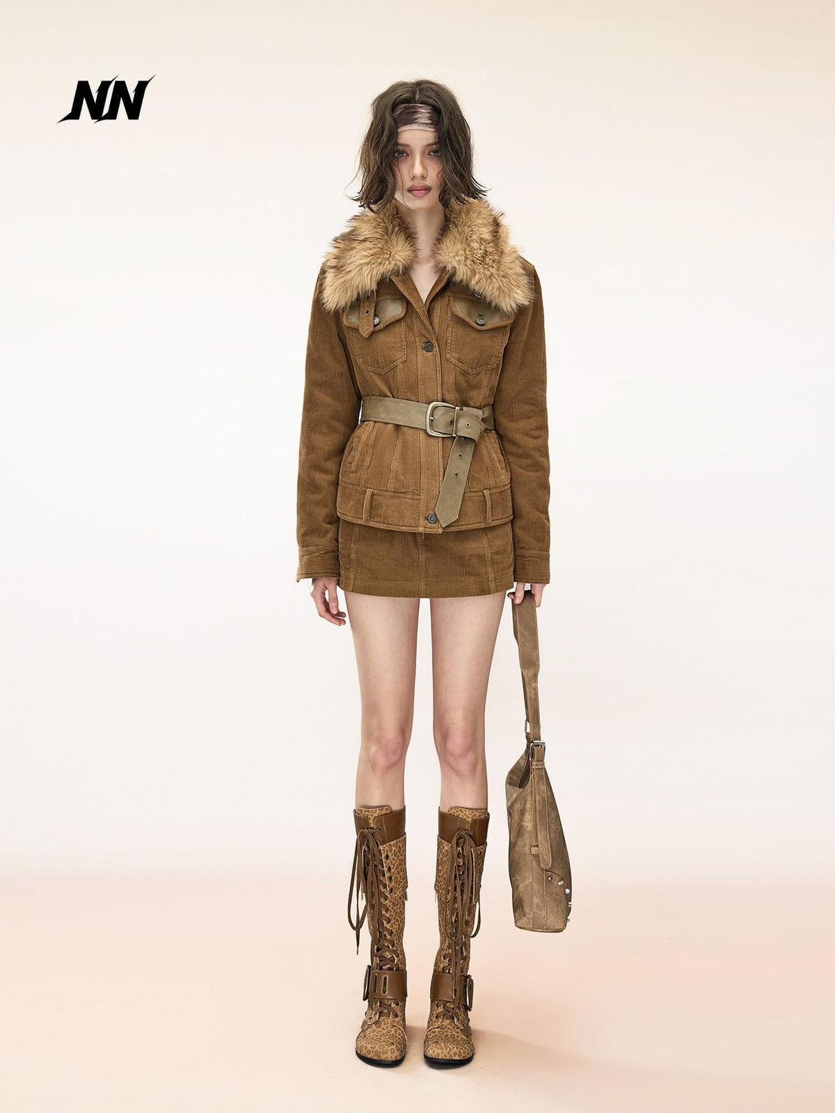 NORTH NODE Corduroy Faux Fur Trim Padded Pocket Women&
