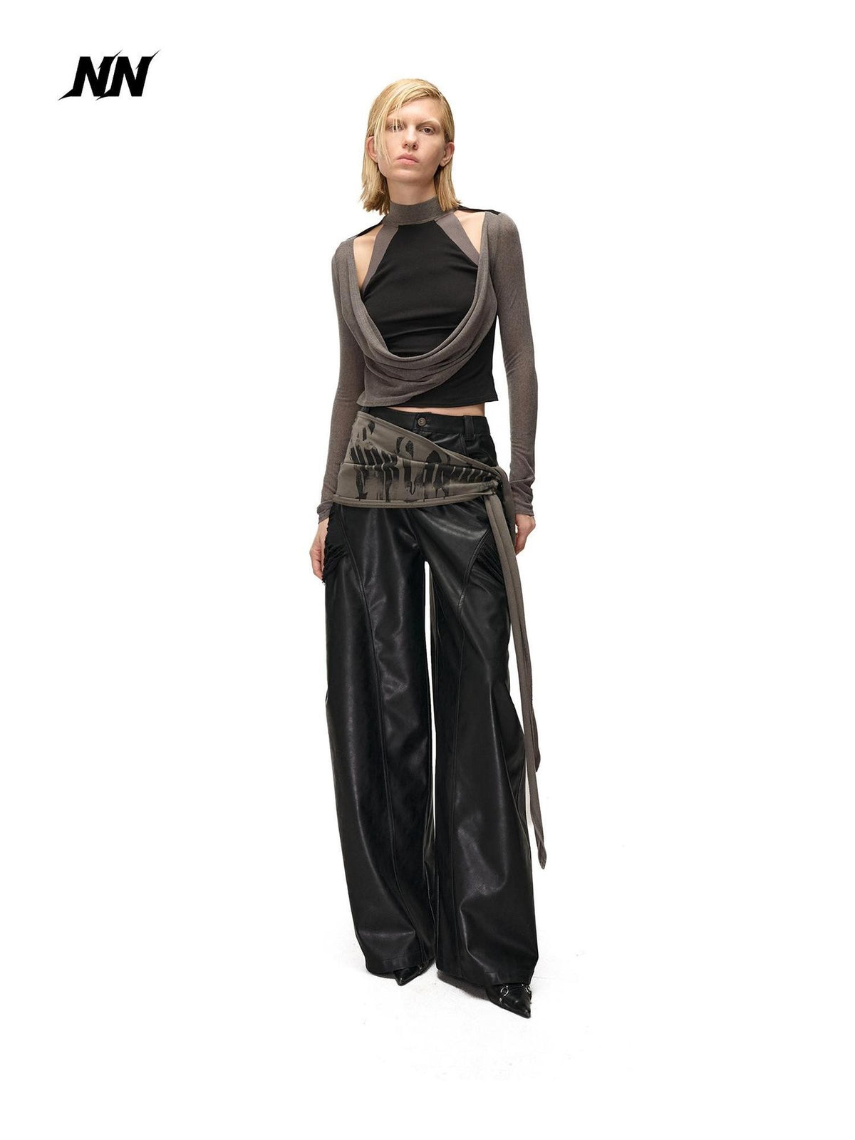 NORTH NODE Cowl Neck Cold Shoulder Patchwork Layered Women&