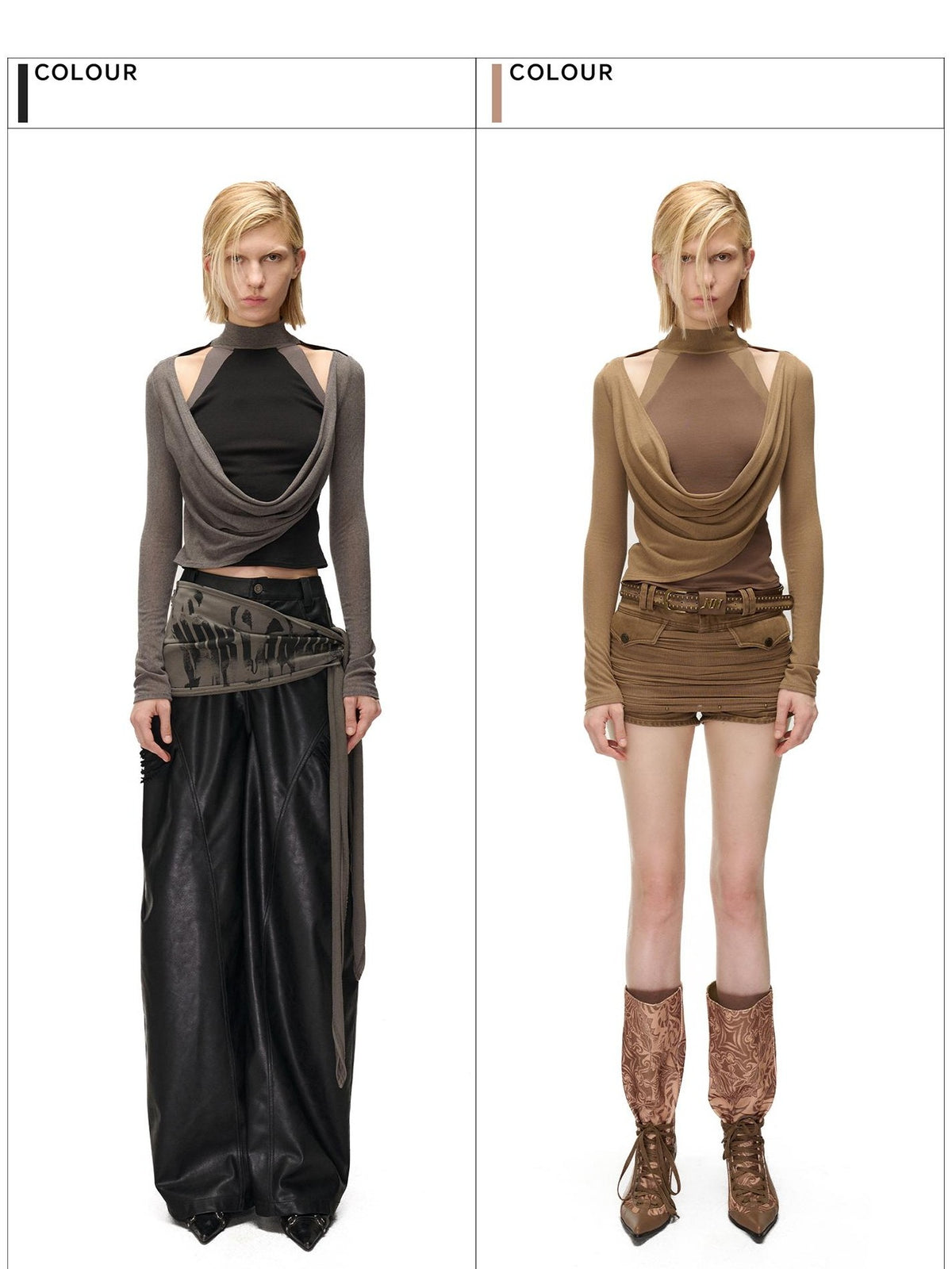 NORTH NODE Cowl Neck Cold Shoulder Patchwork Layered Women&