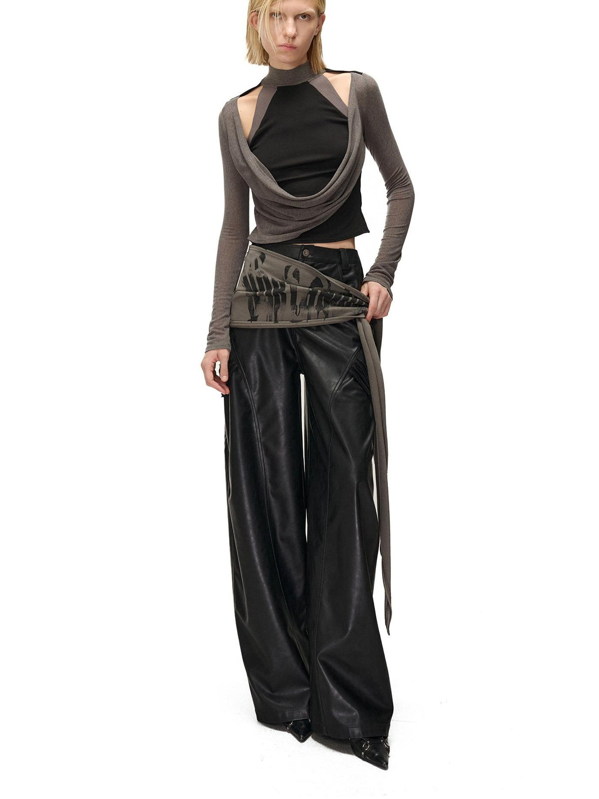 NORTH NODE Cowl Neck Cold Shoulder Patchwork Layered Women&