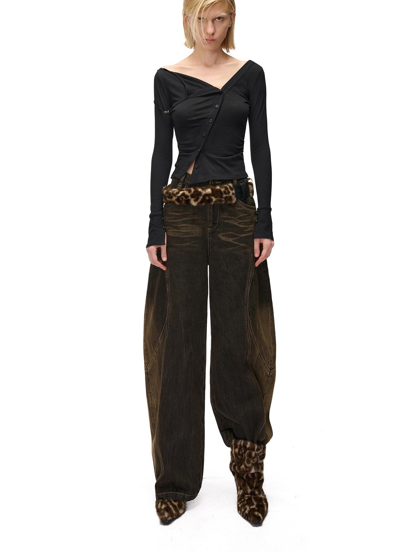 NORTH NODE Cropped Asymmetric Placket Button Women&