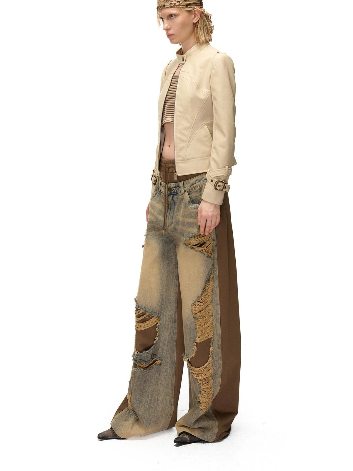 NORTH NODE Cropped Embroidered Panelled Slim Fit Pu Women&