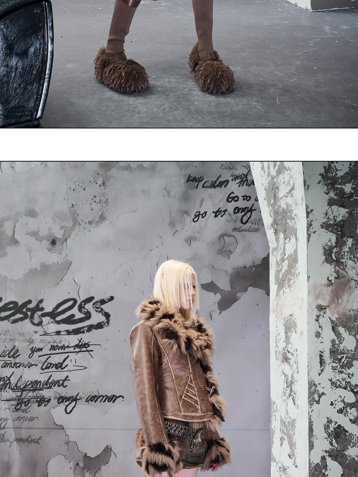 NORTH NODE Cropped Faux Fur Collar Paneling Distressed Waisted Women&