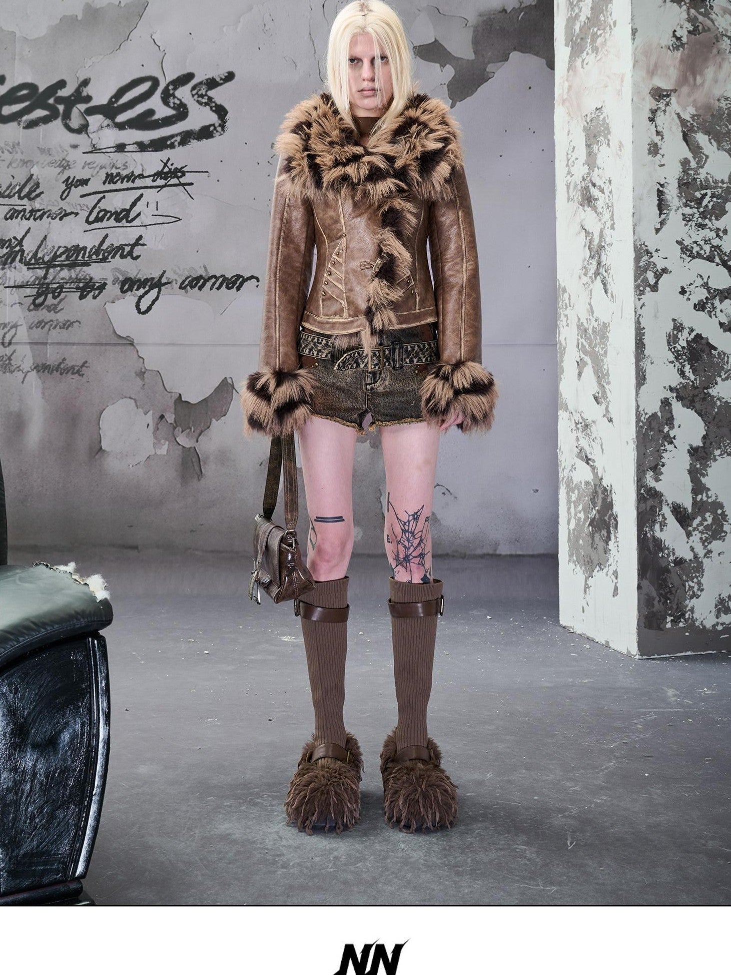 NORTH NODE Cropped Faux Fur Collar Paneling Distressed Waisted Women&