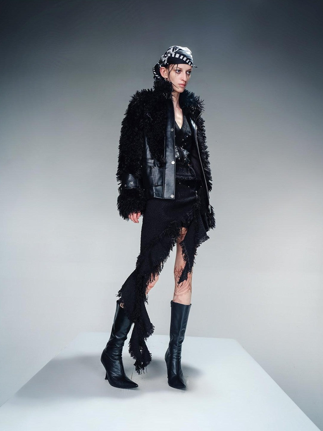 NORTH NODE Cropped Faux Leather Patch Fuzzy Crystal Velvet Lined Women&